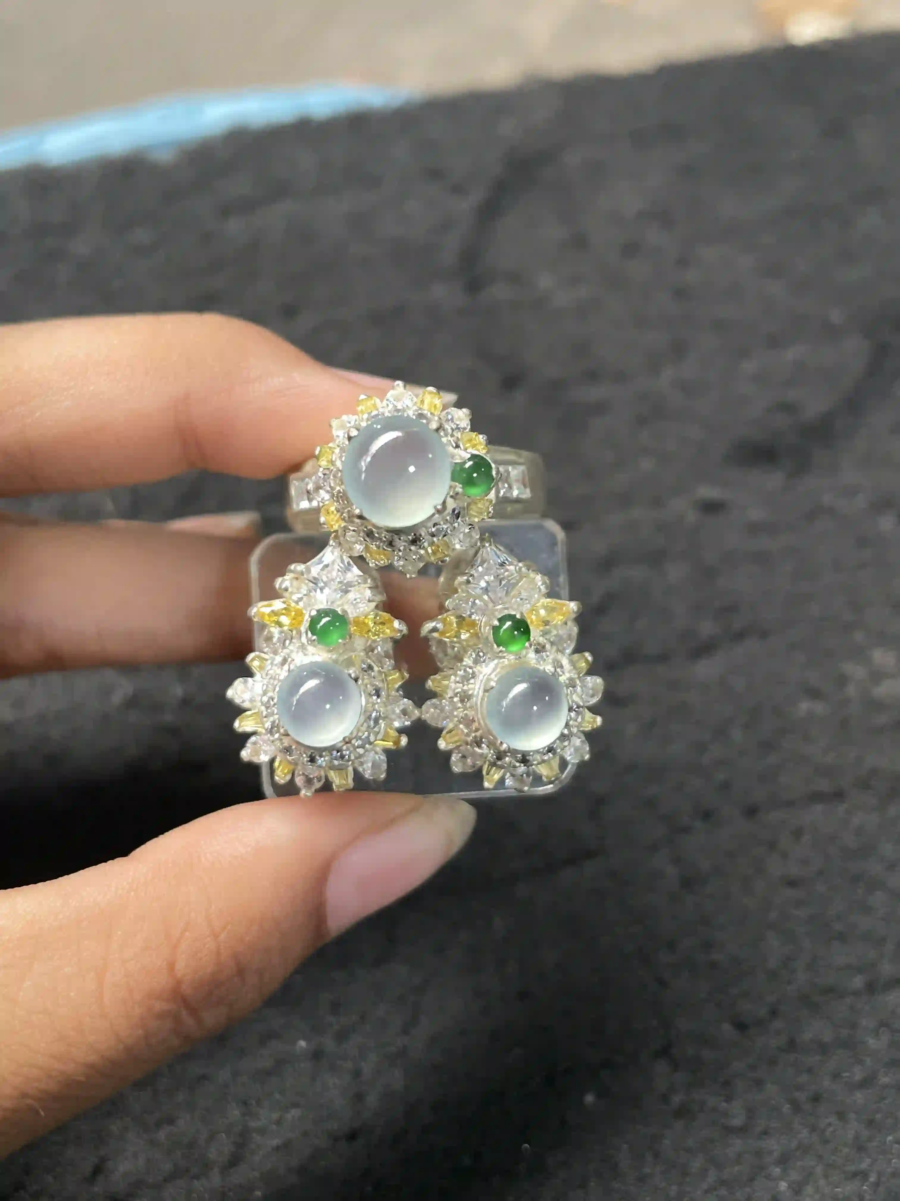 Translucent Jade Jewelry Set with Green Accents | Myanmar Jadeite reference #660002