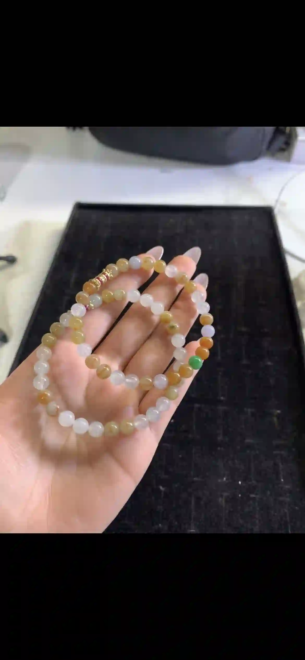Warm Multitone Earthy‑Hued Bead Strand with Decorative Accents, view 2 | Myanmar Jadeite reference #26040001