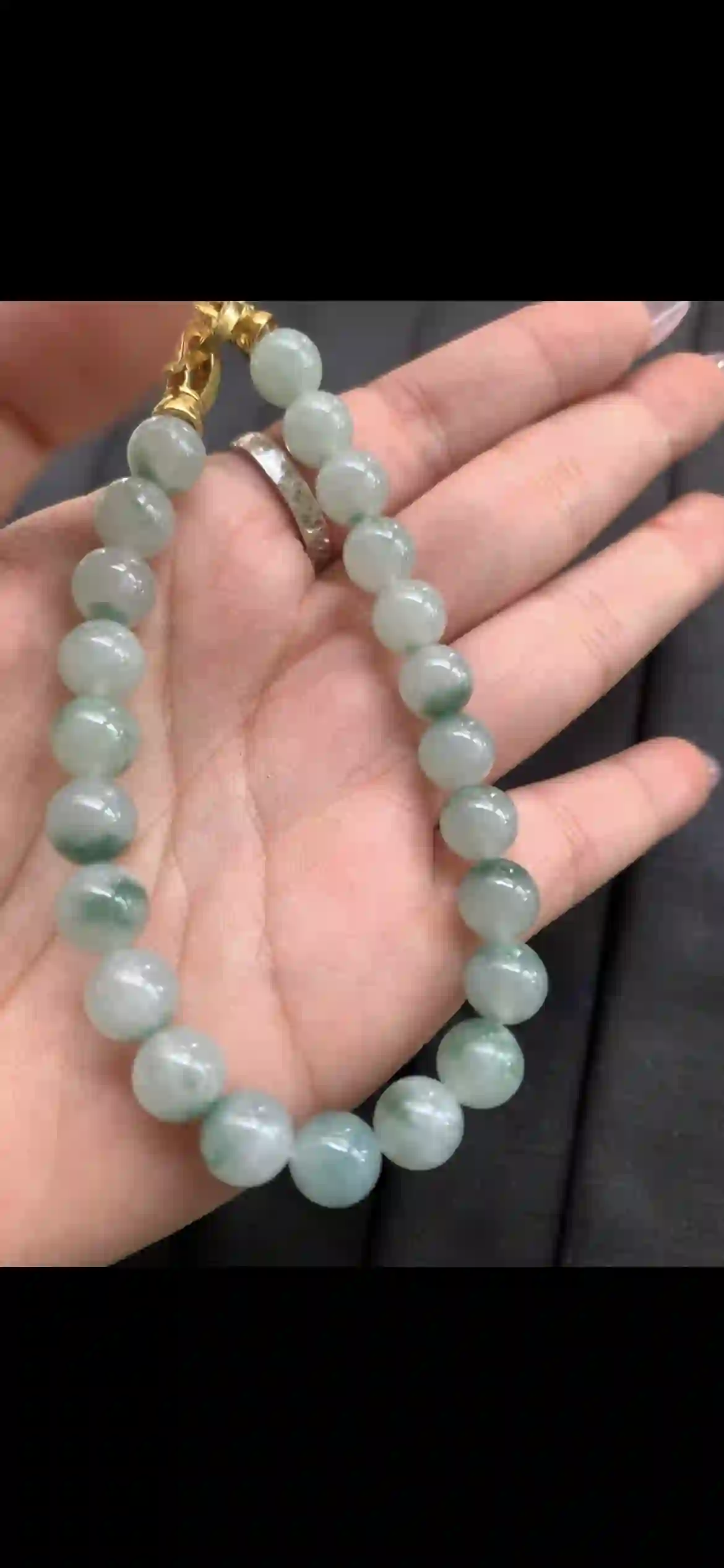 Icy Floating Green Jadeite Bead Bracelet with Gold Clasp | Myanmar Jadeite reference #10290001