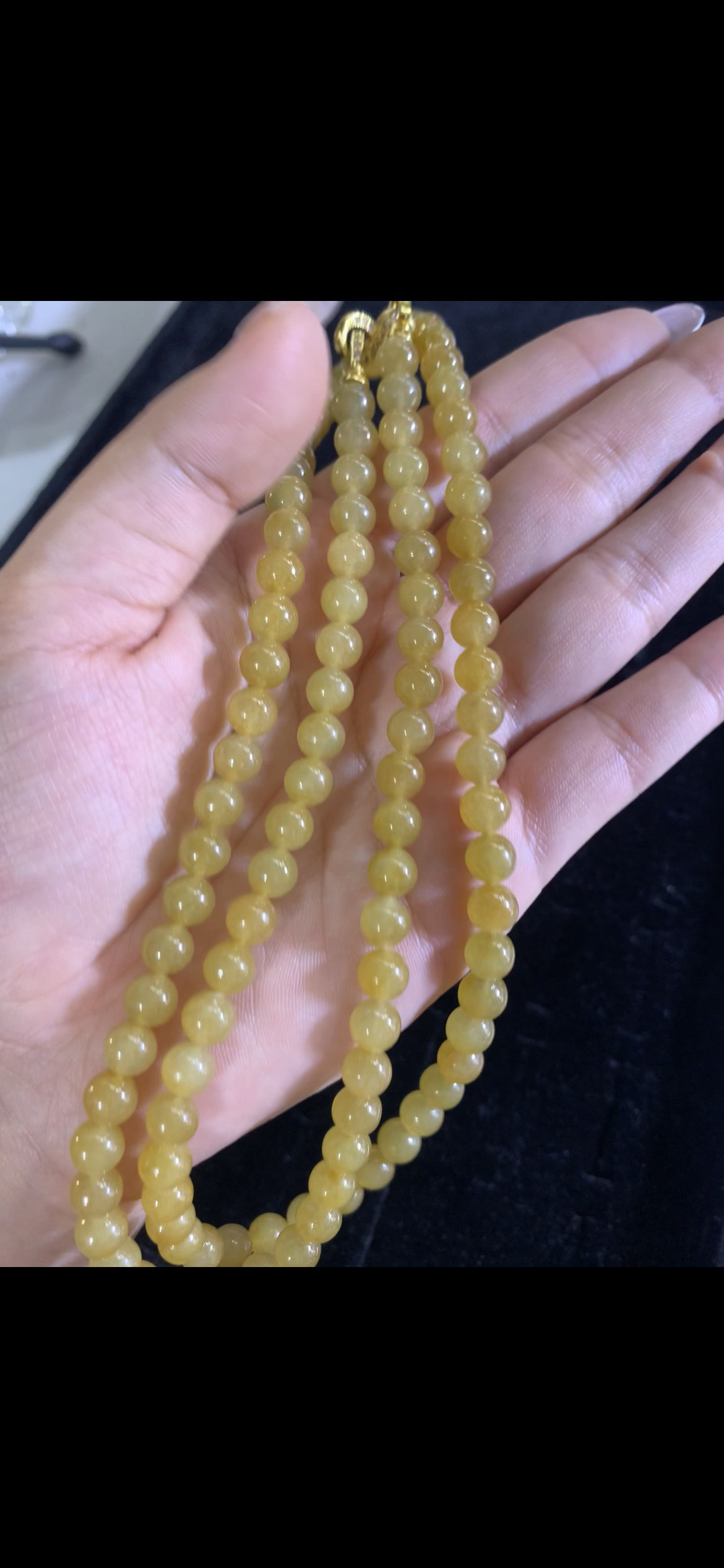 Warm Honey Yellow Jade Bead Necklace — Triple Strand with Gold Clasp