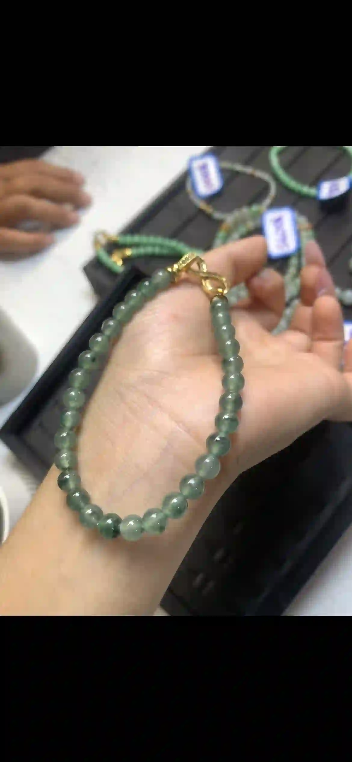 Icy Dark Green Floating Jadeite Bead Bracelet | Myanmar Jadeite reference #13620001
