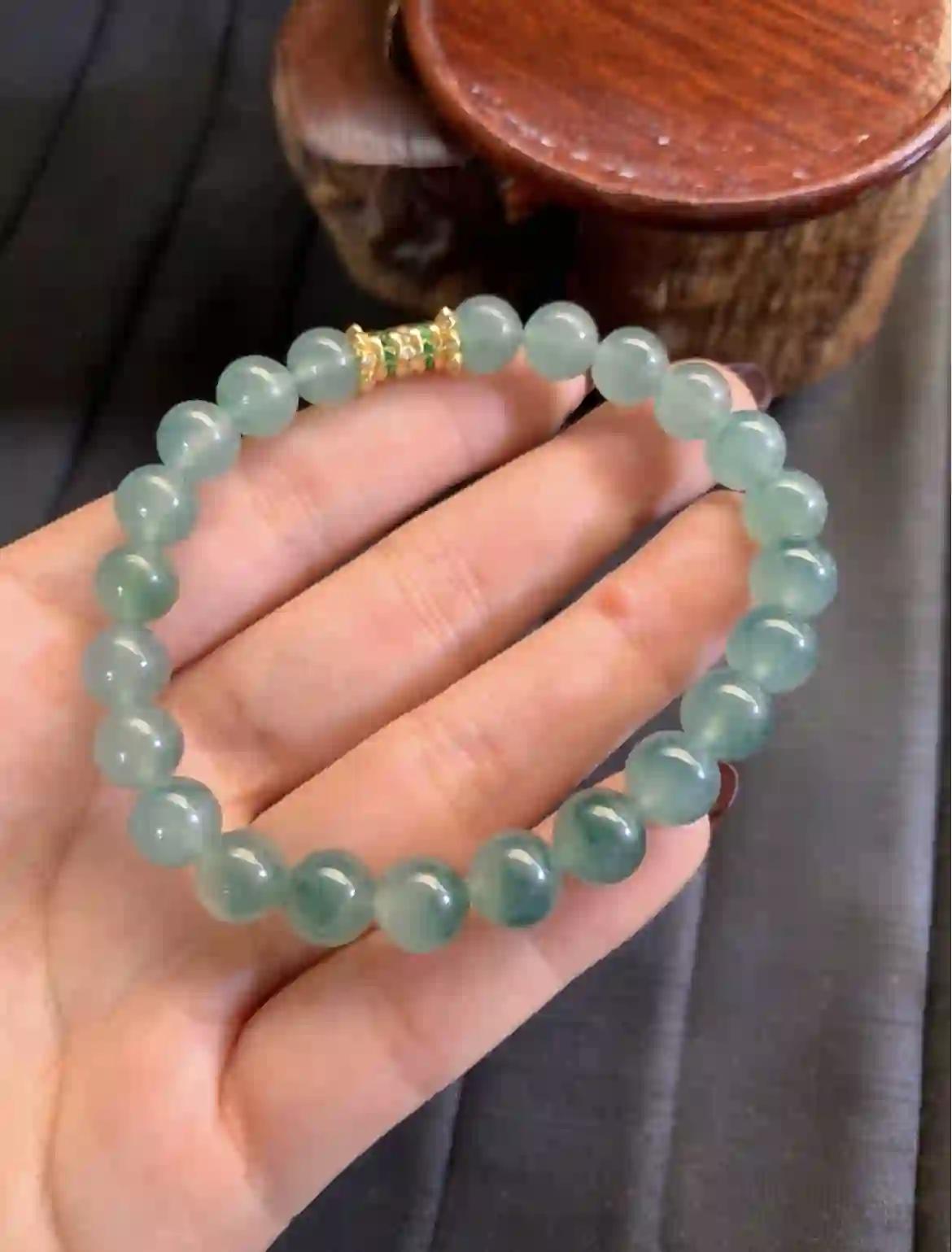 Icy Blue-Green Floating Flower Jade Bead Bracelet with Gold Spacer | Myanmar Jadeite reference #2910001