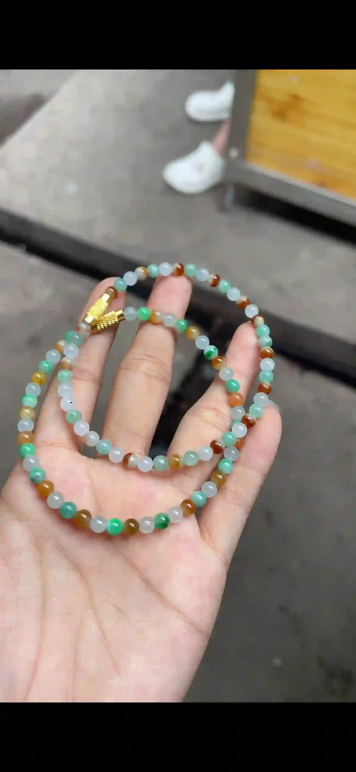 Multi‑Color Icy Jadeite Delicate Bead Strand with Gold Clasp, view 2 | Myanmar Jadeite reference #9690001