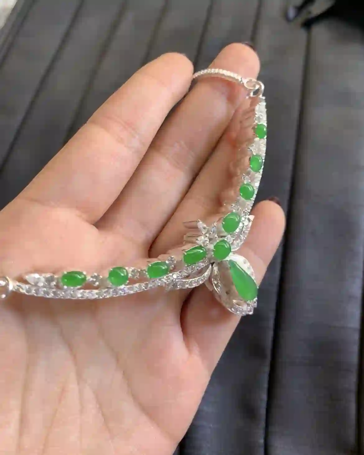   Elegant Green Jade & Diamond Accent Silver Cuff Bracelet, view 2 | Myanmar Jadeite reference #2880010