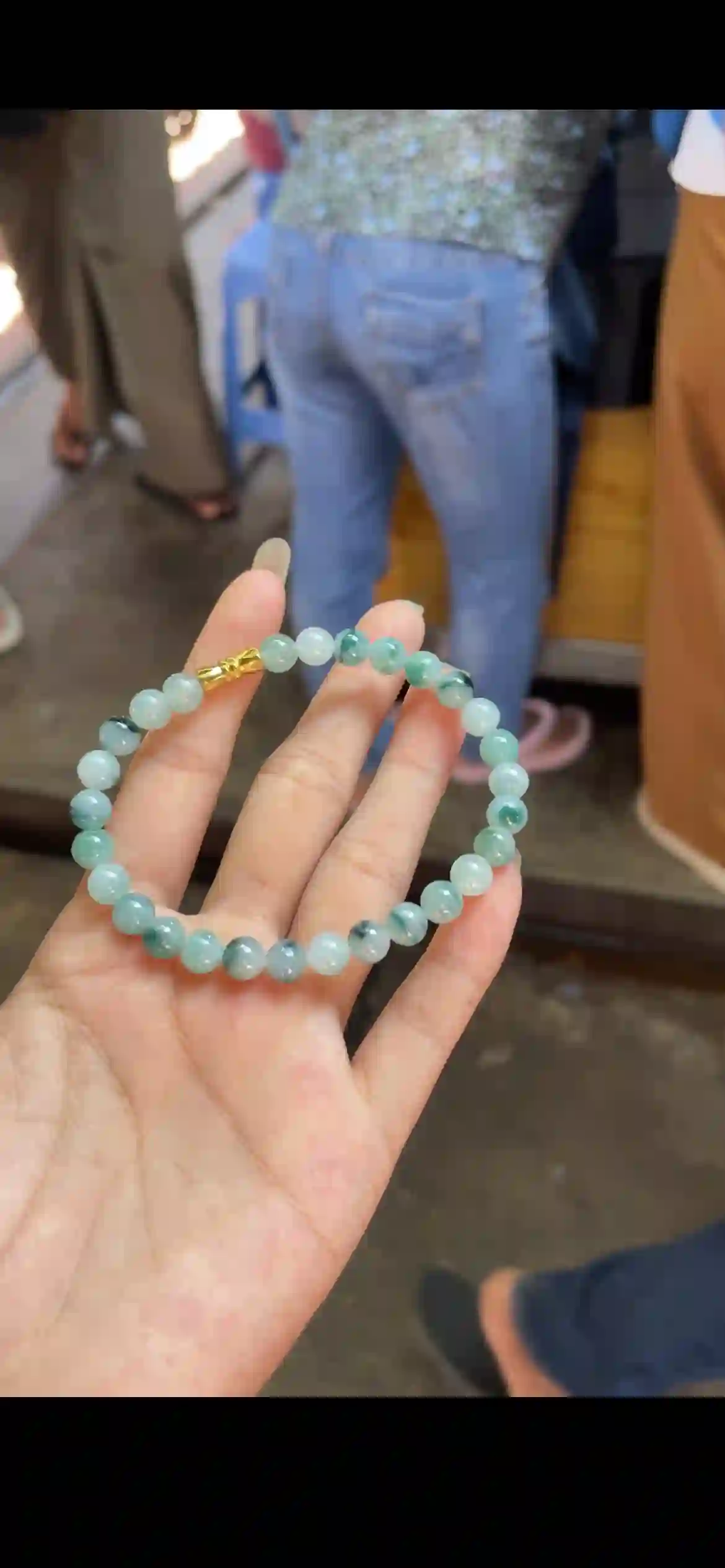 Icy Floating Green Jade Beaded Bracelet with Gold Clasp, view 2 | Myanmar Jadeite reference #27330001