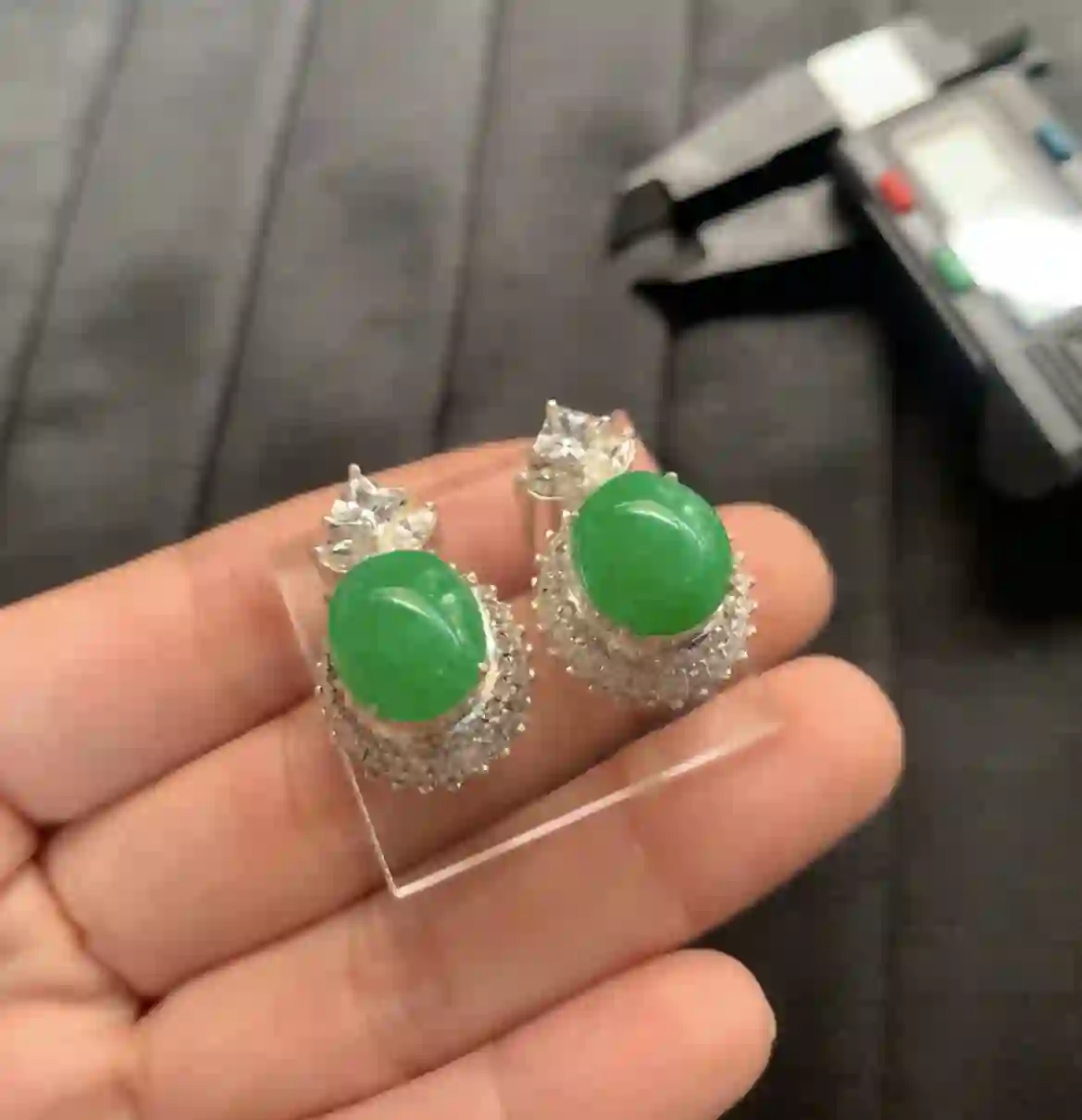 Natural Green Jade Earrings with Diamond Halo | Myanmar Jadeite reference #2490001