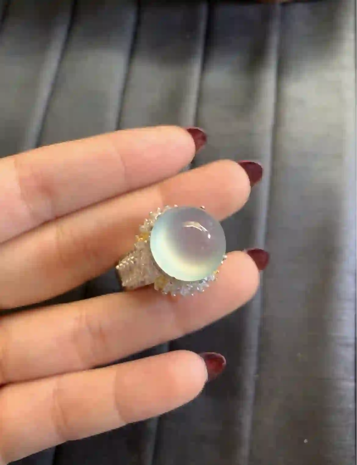   Icy High-Translucency White Jade Round Cabochon Ring with Diamond Halo | Myanmar Jadeite reference #2910005