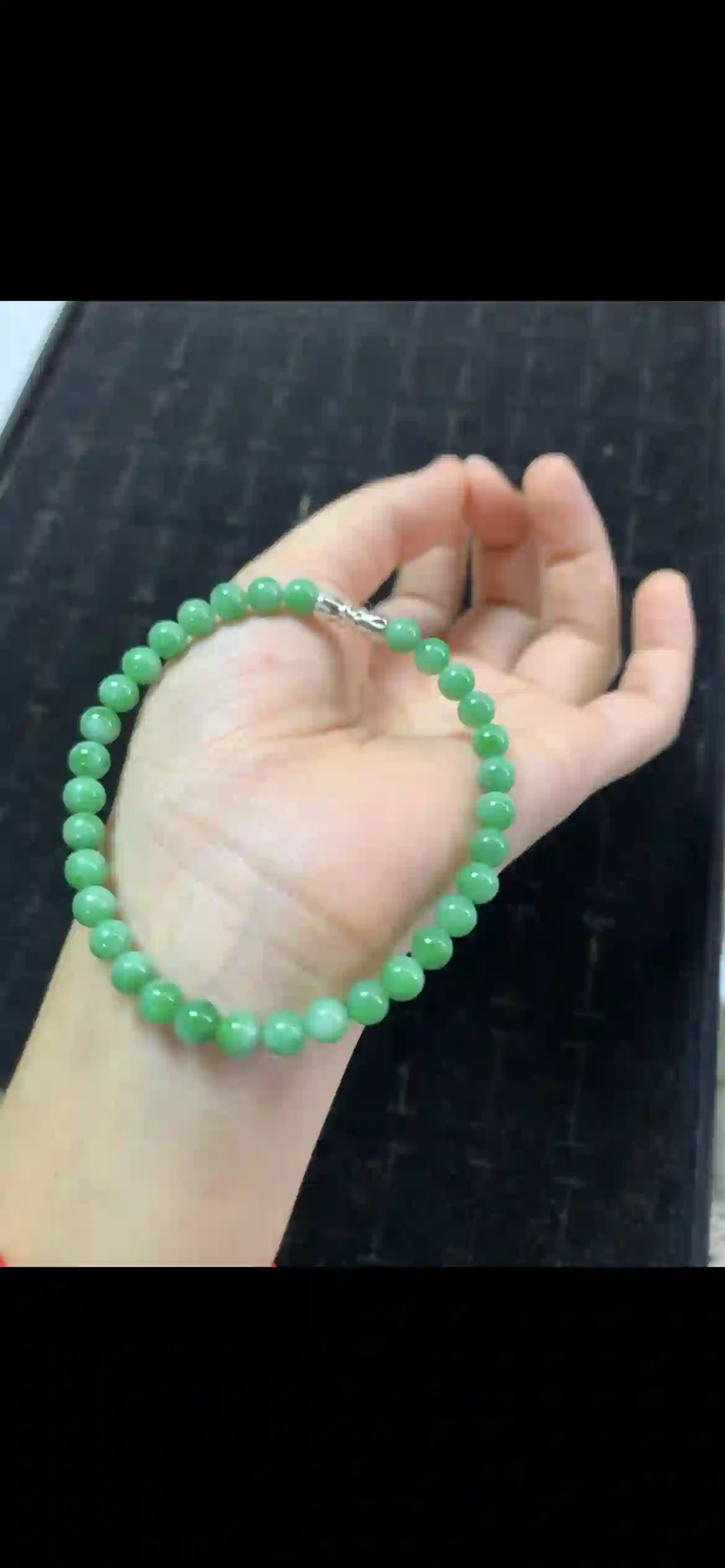 Vibrant Apple Green Jadeite Bead Bracelet with Silver Clasp, view 2 | Myanmar Jadeite reference #20580001