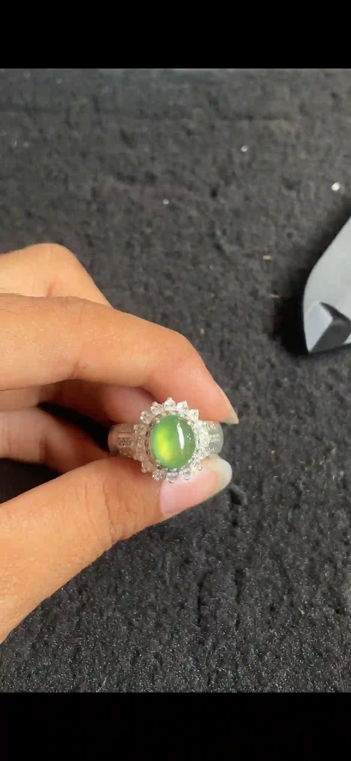 Vivid Green Jade Cabochon Ring, Sterling Silver with Sparkling Halo Setting | Myanmar Jadeite reference #4830002