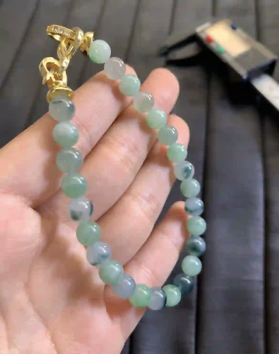   Icy Floating Flower Jade Bead Bracelet with Gold Clasp, view 2 | Myanmar Jadeite reference #2880007