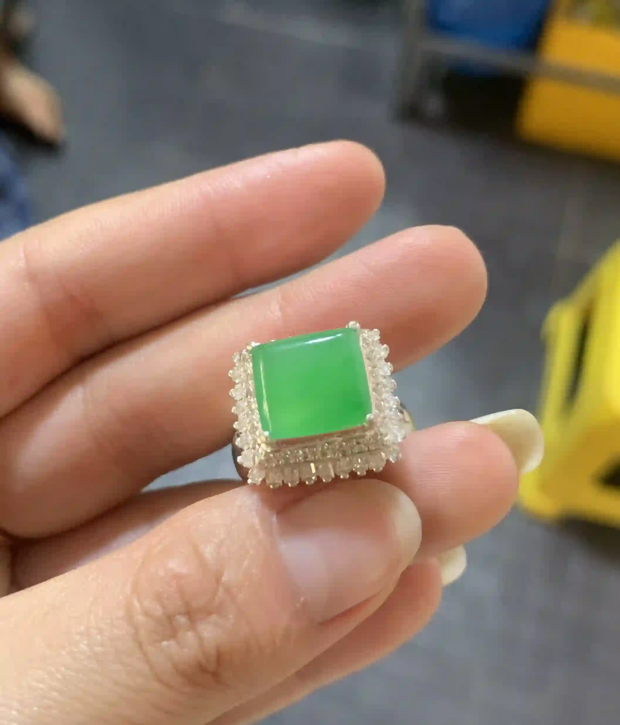 Vivid Green Square Gemstone Ring with Crystal Halo Setting, view 2 | Myanmar Jadeite reference #150003