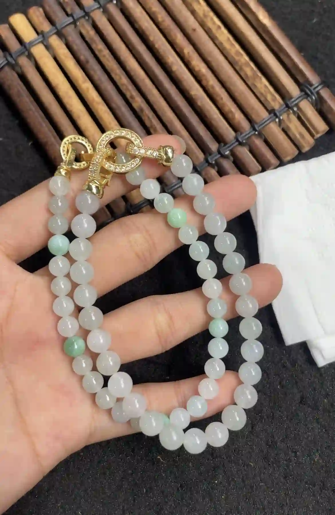 Icy White Jade with Green Accents Necklace, view 2 | Myanmar Jadeite reference #2700008