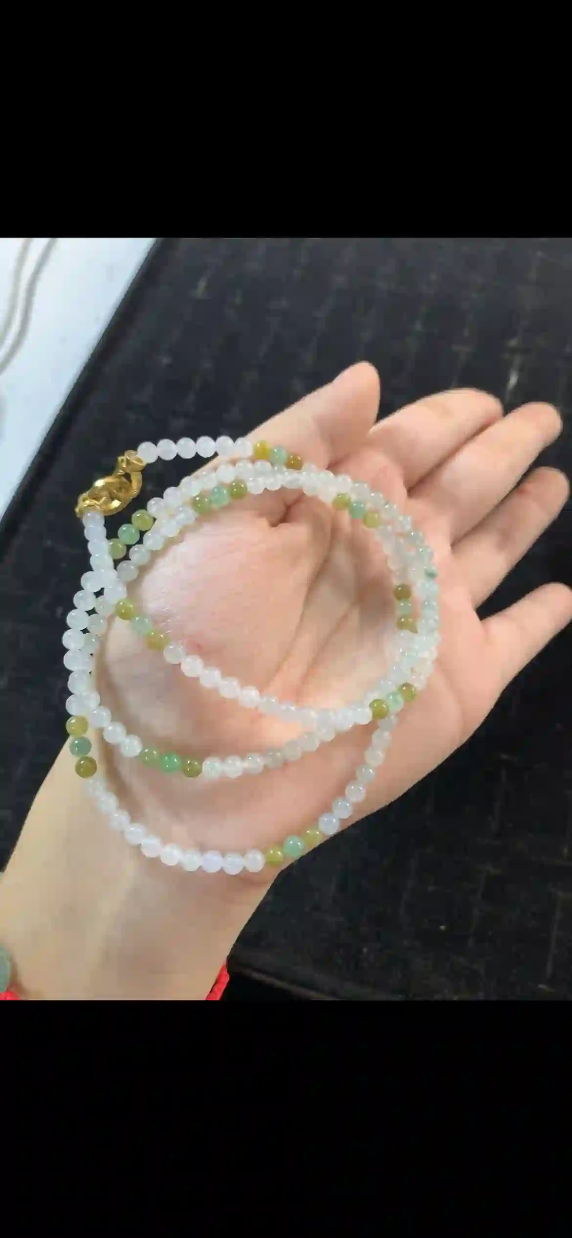 Icy White Jadeite Bead Long Necklace with Soft Green & Golden Yellow Accents — Gold Dragon Clasp | Myanmar Jadeite reference #20760001