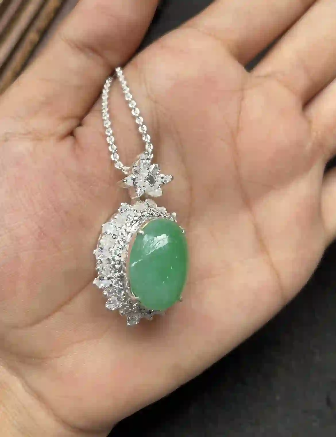 Green Jade Cabochon Pendant Necklace, view 2 | Myanmar Jadeite reference #2730006