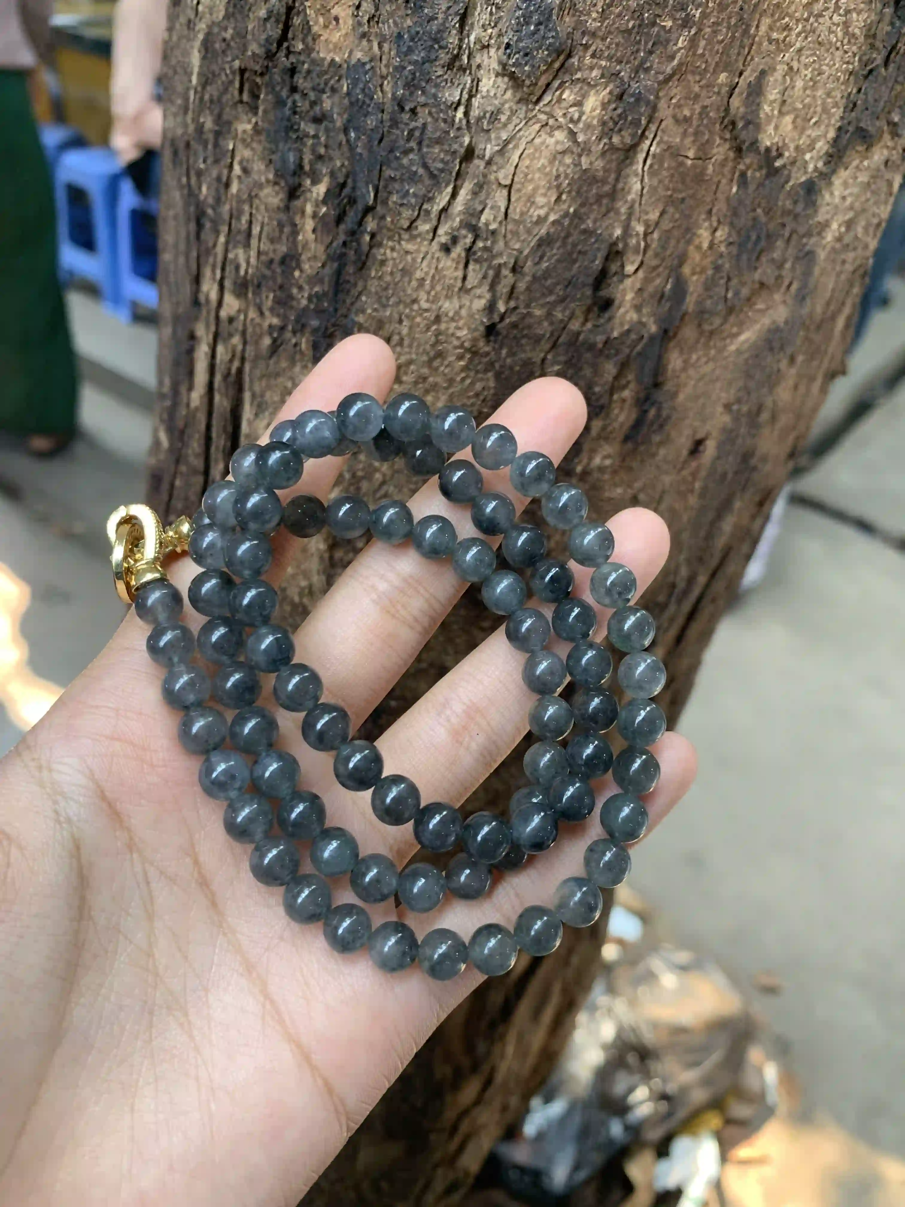   Natural Dark Black Ice Jade Bead Necklace, view 2 | Myanmar Jadeite reference #1860007
