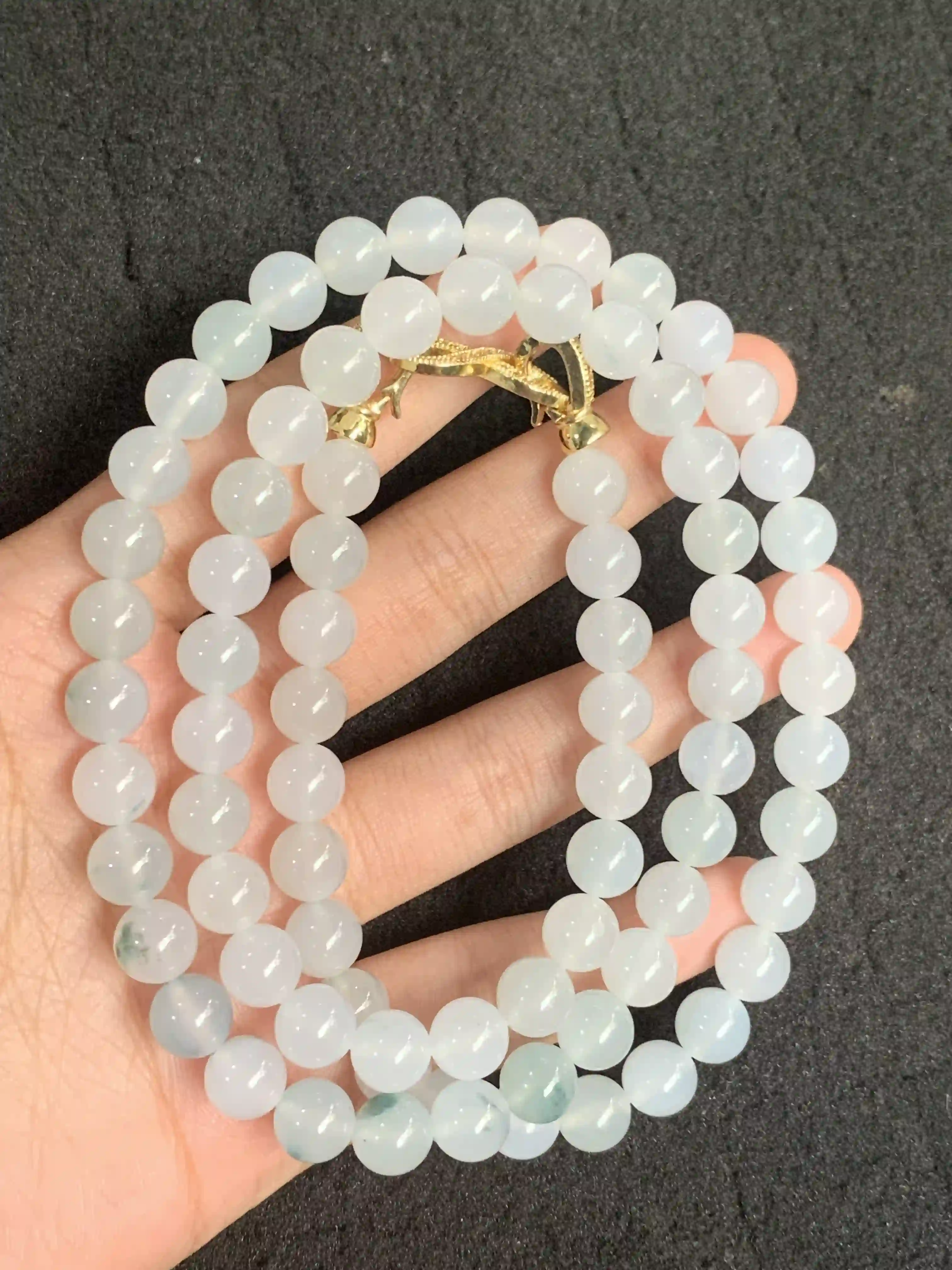 Natural Light Blue-Grey Jadeite Beaded Necklace with Gold Clasp, view 2 | Myanmar Jadeite reference #990001