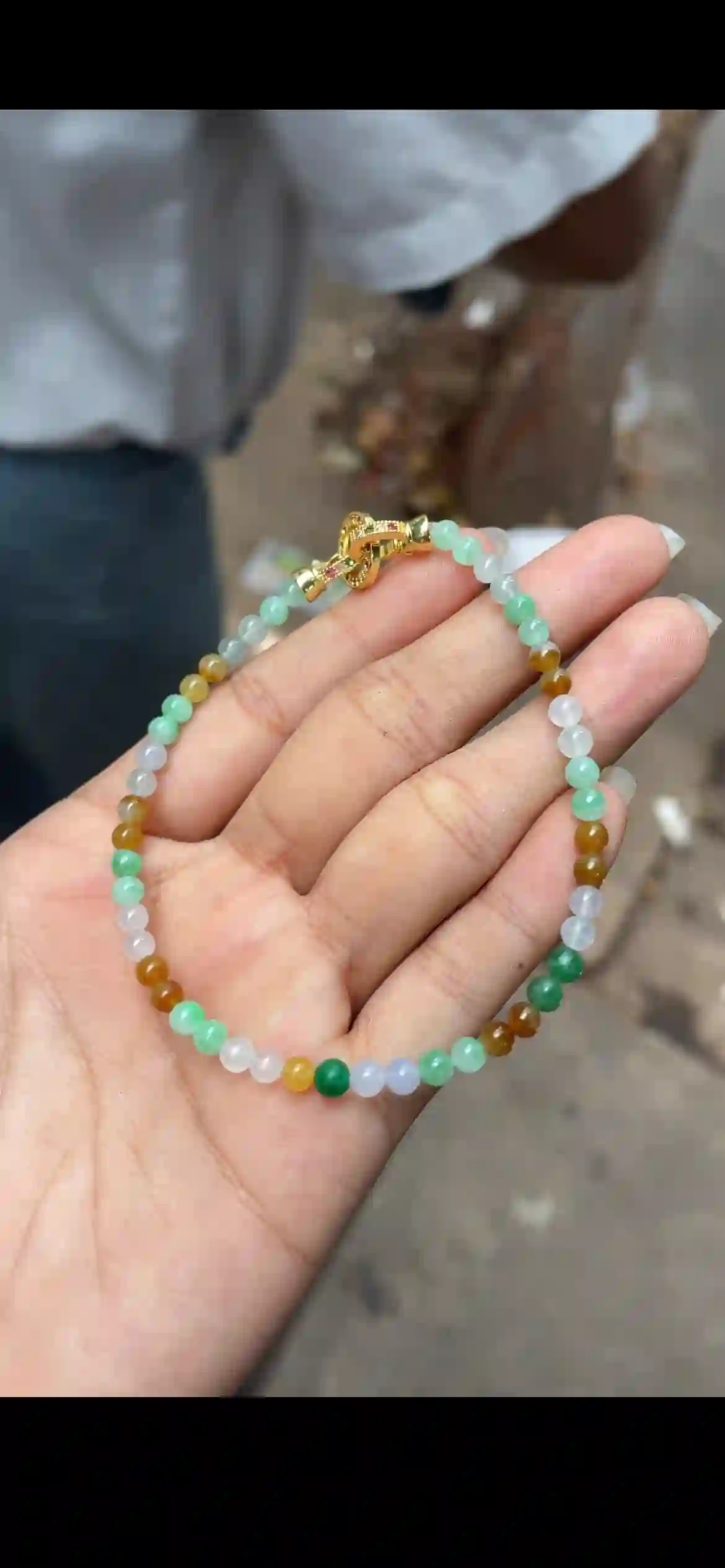 Tri-Color Icy Jadeite Dainty Bead Bracelet with Gold Clasp, view 2 | Myanmar Jadeite reference #11820001