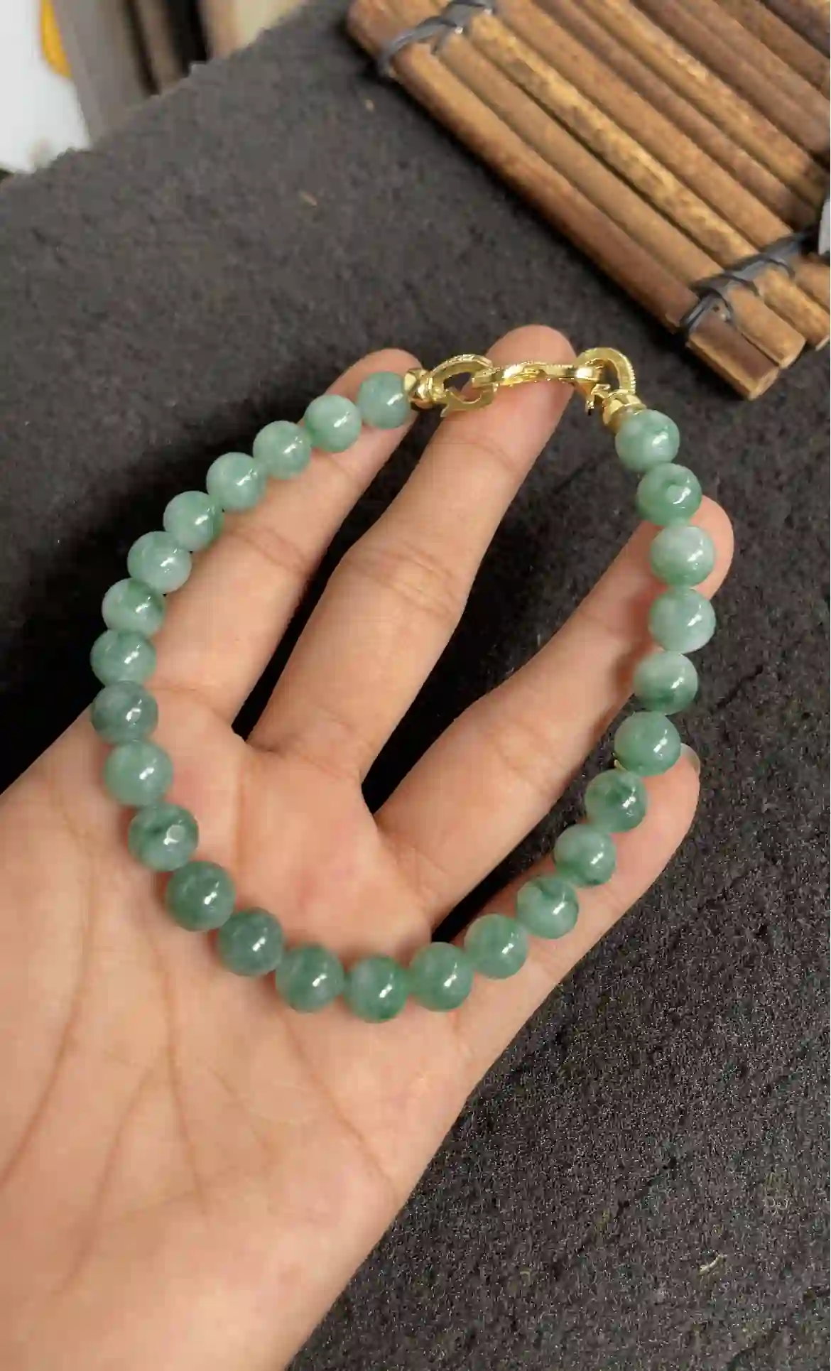 Natural Green Jadeite Beaded Bracelet with Gold Clasp, view 2 | Myanmar Jadeite reference #2430004