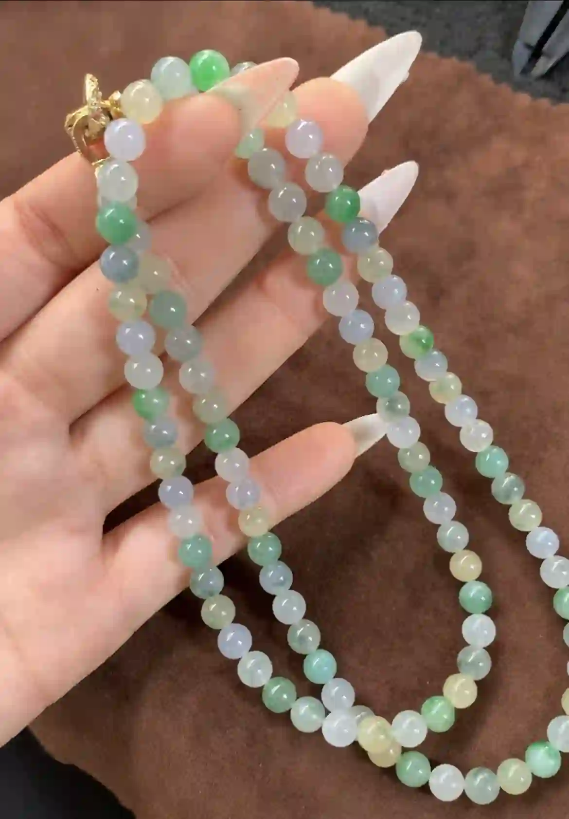 Multi-Strand Rainbow Jadeite Beaded Necklace with Gold-Toned Clasp | Myanmar Jadeite reference #1020001