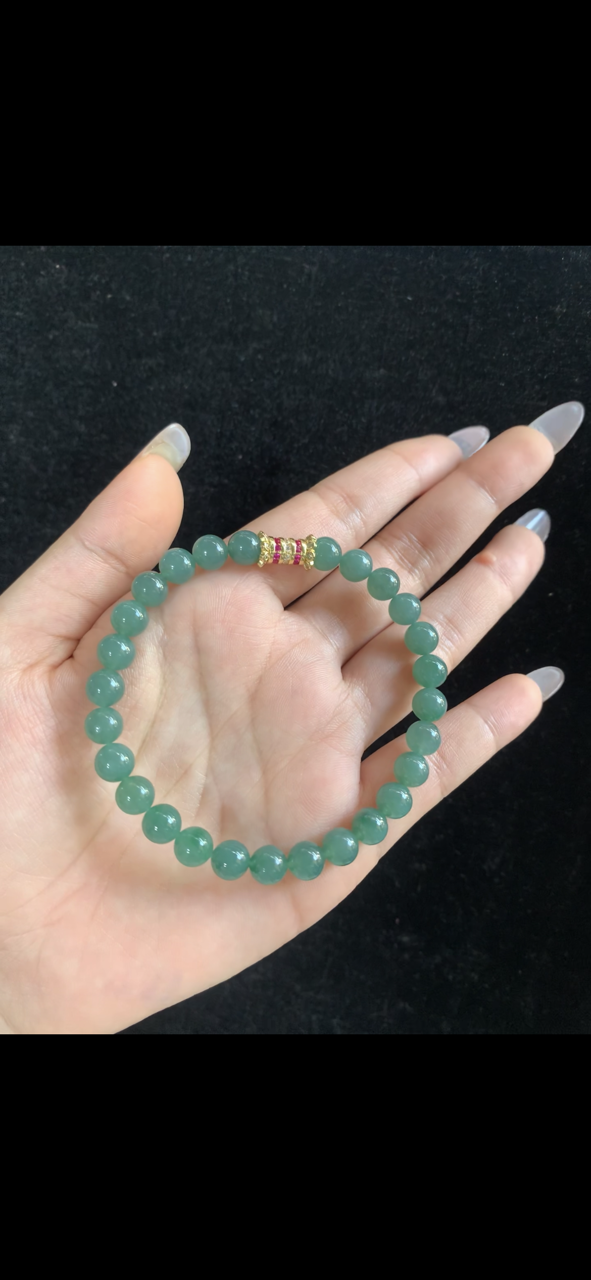 Serene Deep Sea-Green Jade Bracelet with Gold & Ruby Accent