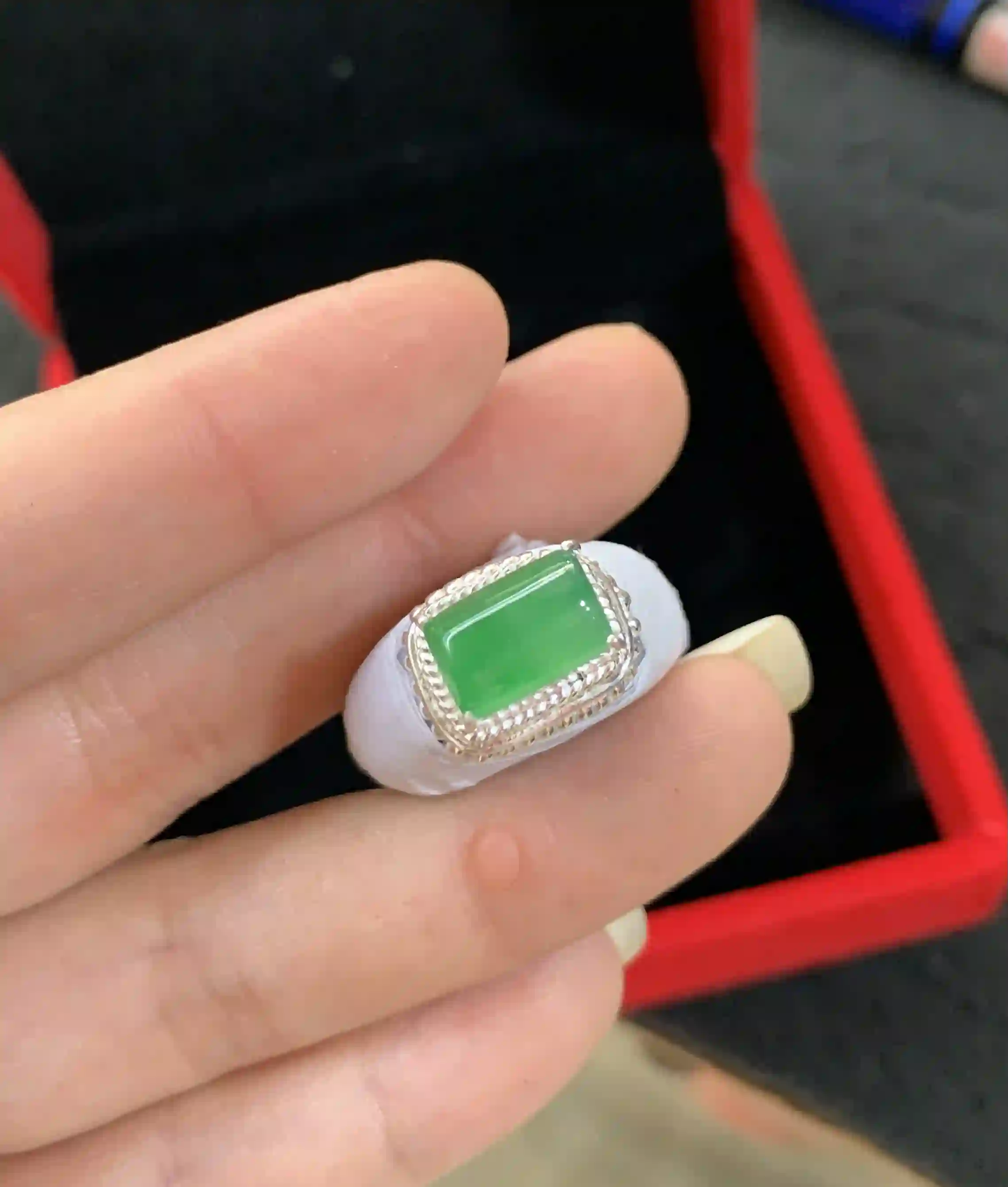Green Jadeite Rectangular Cabochon Ring with White Band | Myanmar Jadeite reference #240005