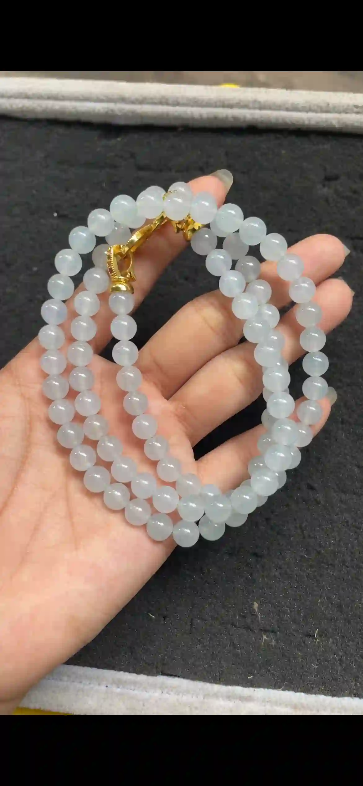 Icy Translucent Pale Blue Jade Bead Triple-Layer Bracelet with Gold Clasp | Myanmar Jadeite reference #6600003