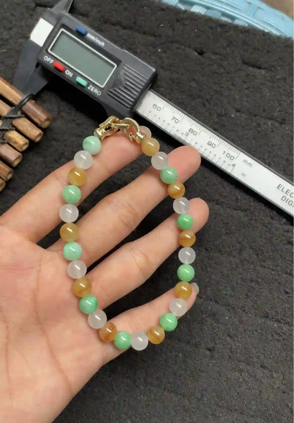 Tri-Color Multitone Jade Bead Bracelet, view 2 | Myanmar Jadeite reference #2790004