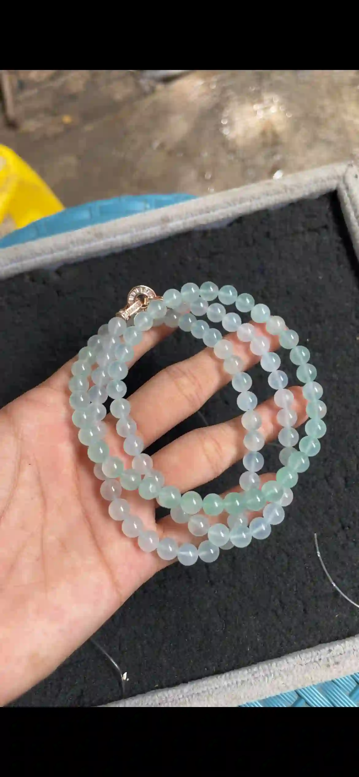   Icy Pale Blue-Green Jade Bead Multi-Layer Necklace with Rose Gold Clasp, view 2 | Myanmar Jadeite reference #6120001