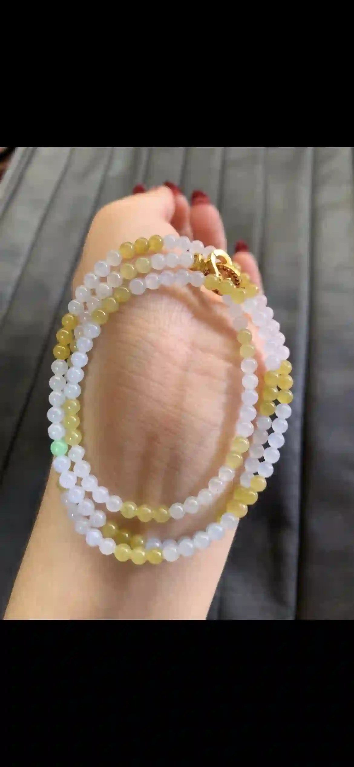 Icy White & Honey Yellow Gradient Jadeite Multi-Layer Bracelet with Gold Plated Clasp, view 2 | Myanmar Jadeite reference #4080001