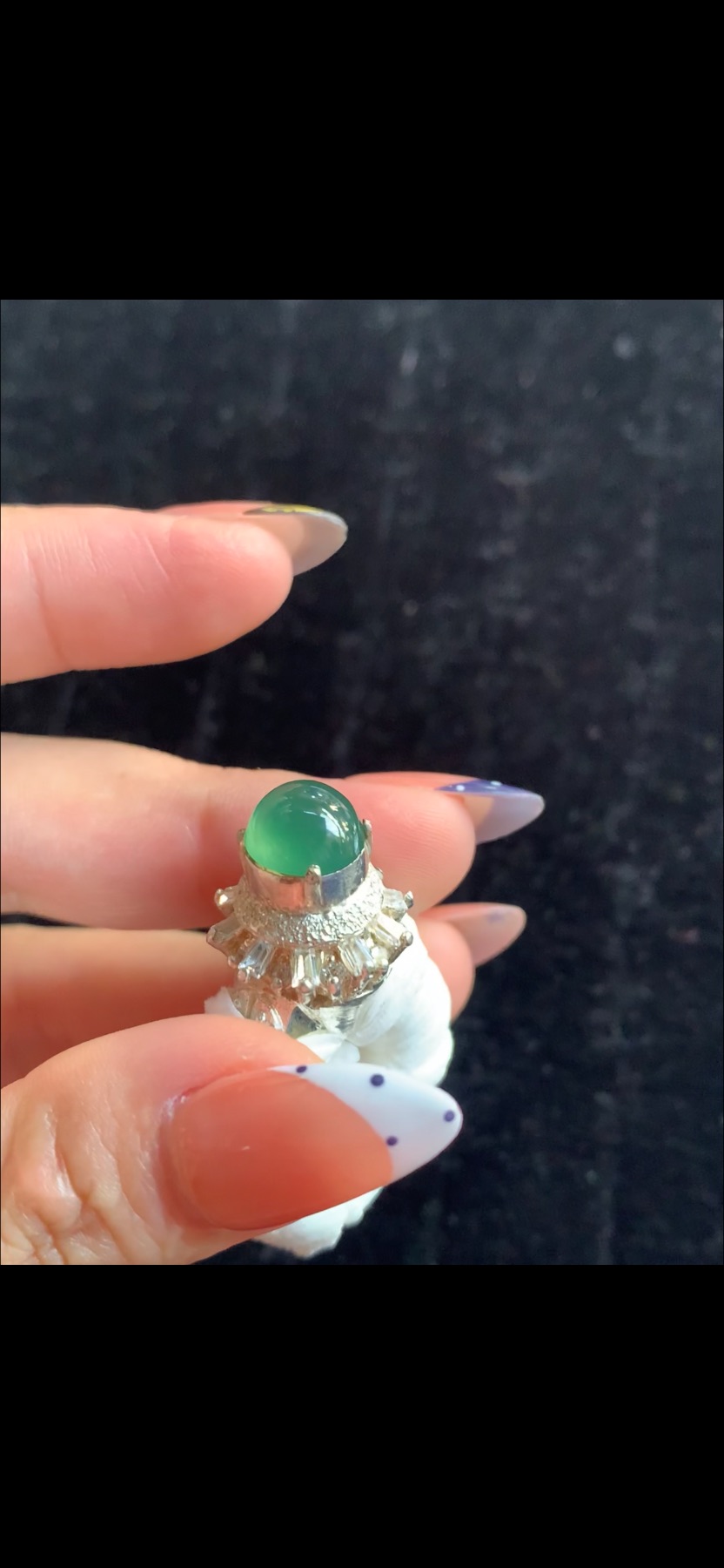 Natural High-Dome Ice Variety Teal-Green Jadeite Crown Ring in Diamond Halo Setting | Myanmar Jadeite reference #38040001