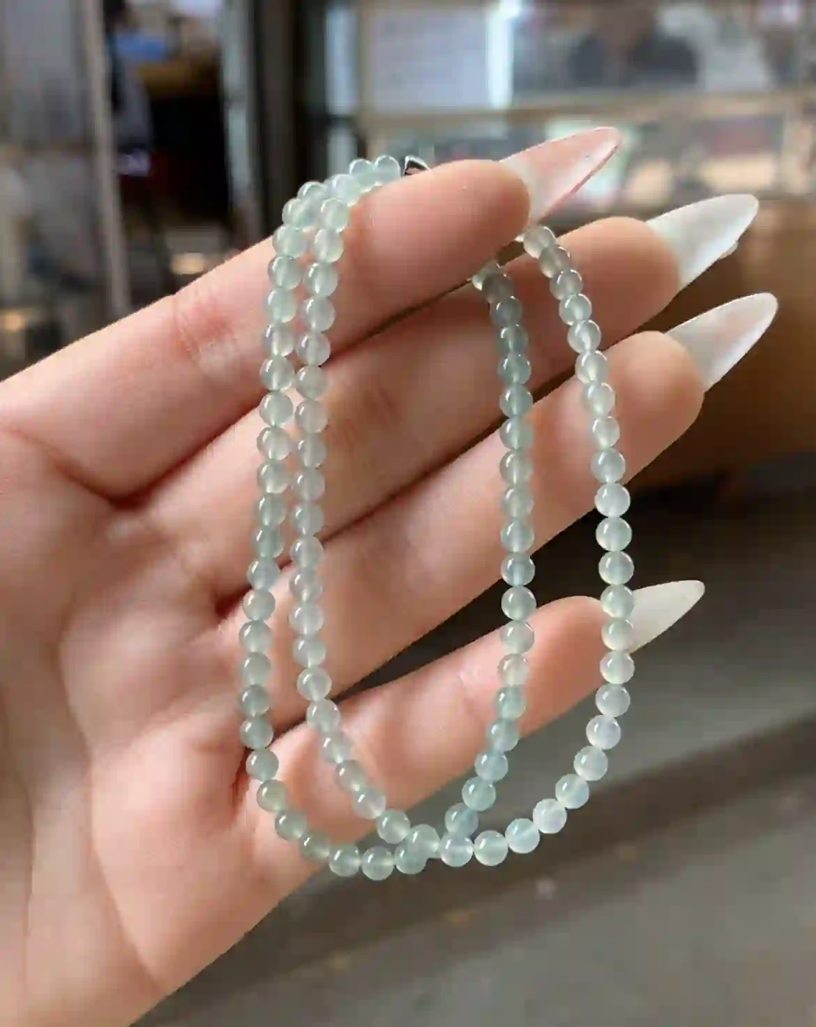 Delicate Light Blue-Grey Jadeite Beaded Long Necklace, view 2 | Myanmar Jadeite reference #1020002