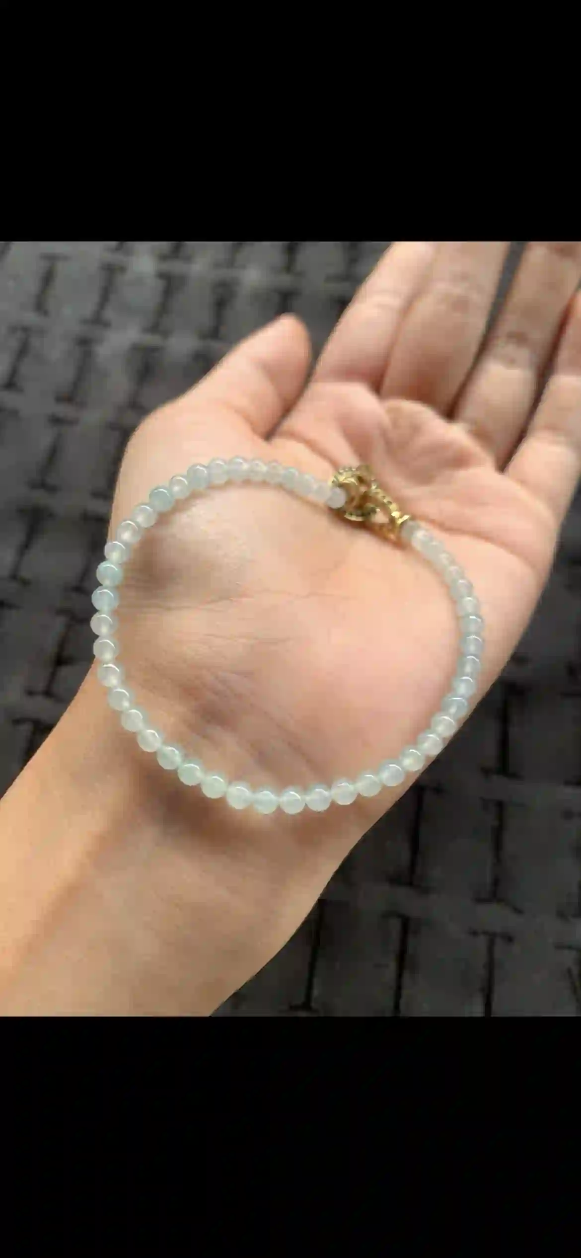  Icy Pale Blue-Green Jadeite Bead Bracelet with Ornate Gold Clasp, view 2 | Myanmar Jadeite reference #20880001
