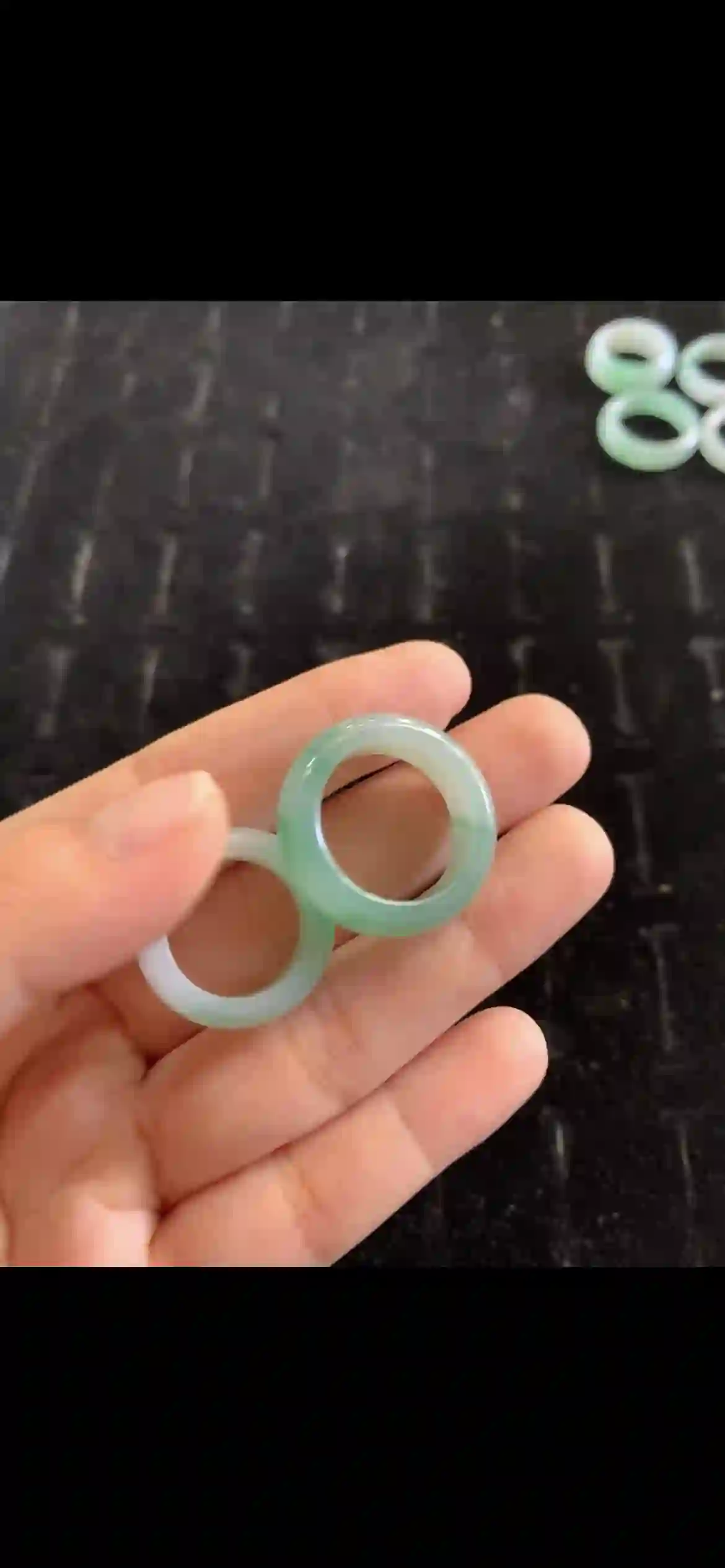 Pair of Icy Jade Band Rings with Natural Green Gradient, view 2 | Myanmar Jadeite reference #17370001