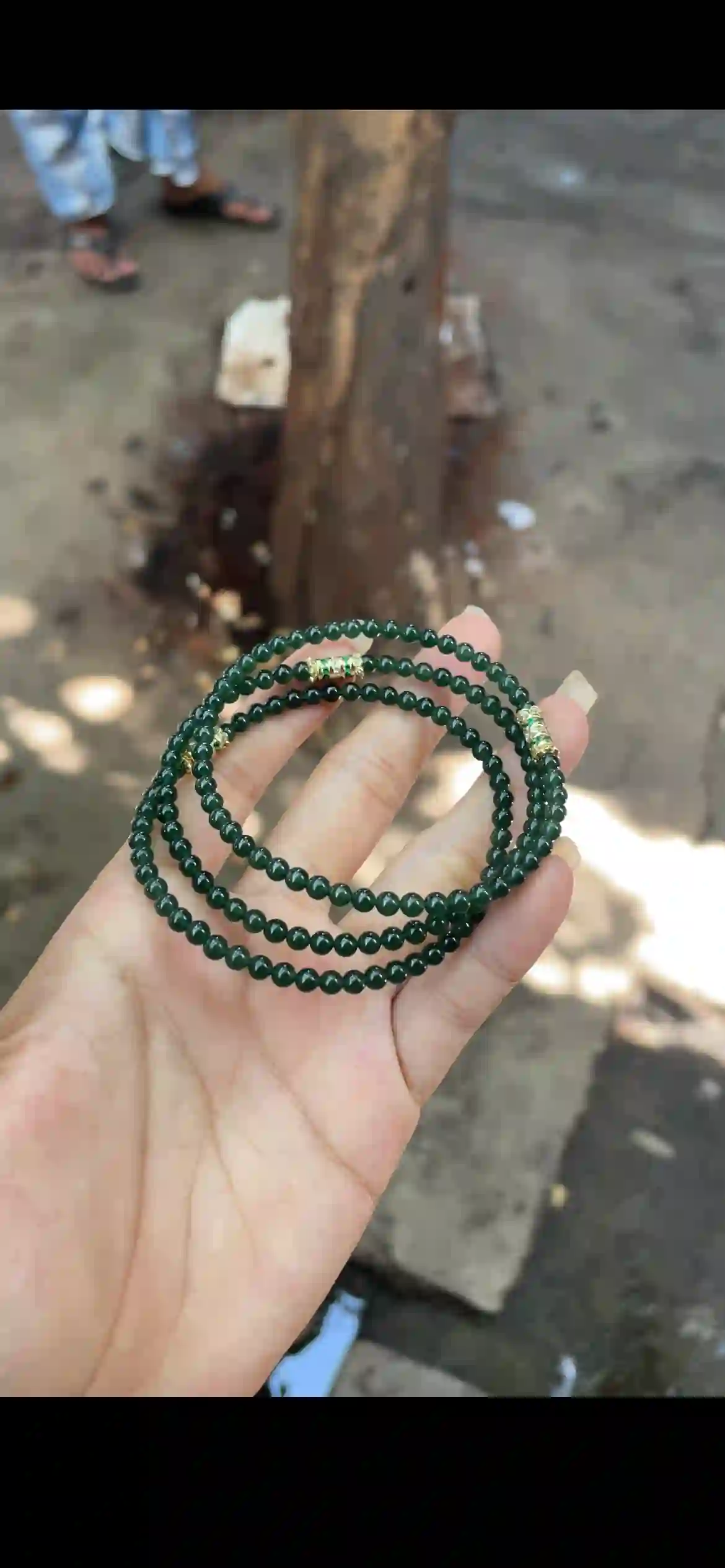 Exquisite Triple-Strand Deep Green Beaded Bracelet Set, view 2 | Myanmar Jadeite reference #24450001