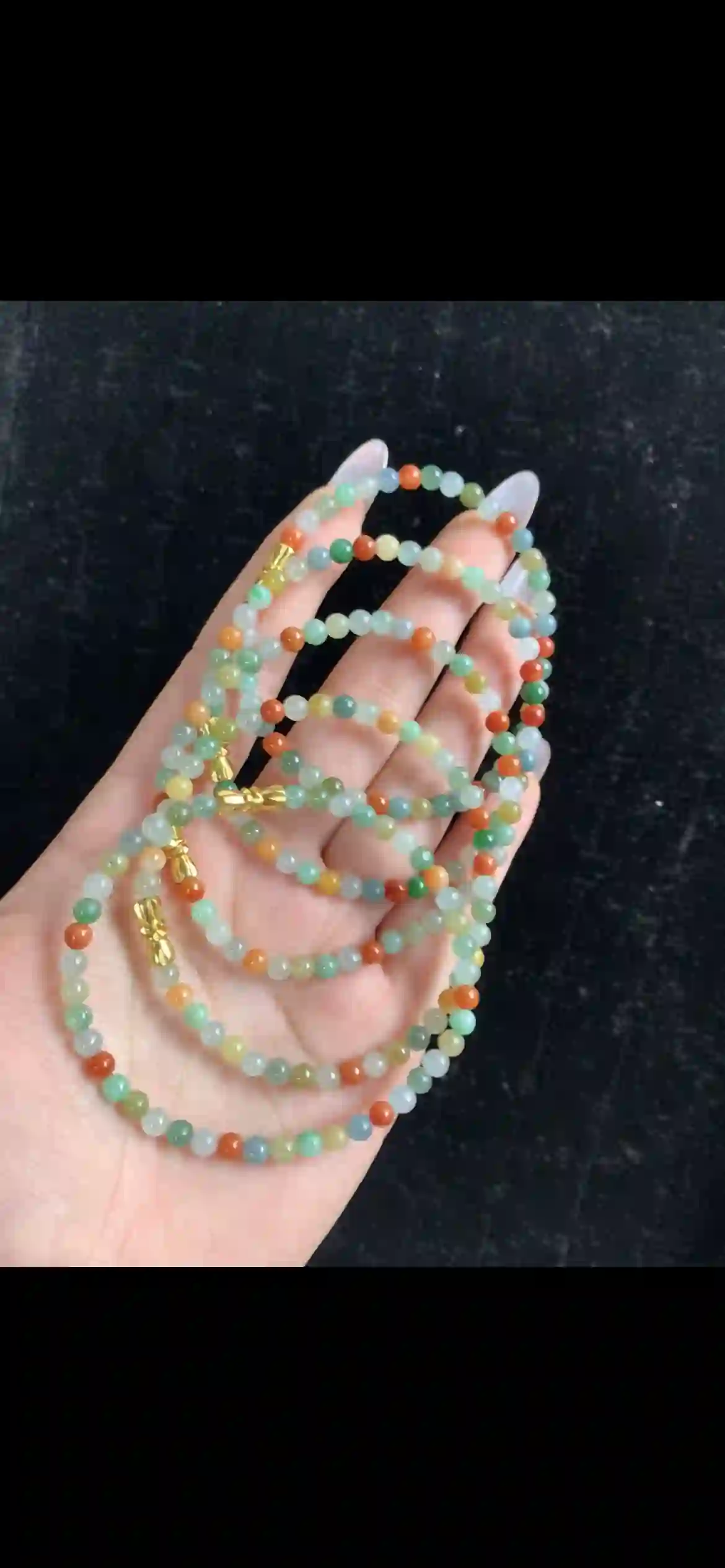 Long Multicolor Jade Bead Necklace with Gilded Clasps — Vibrant Full-Spectrum Design | Myanmar Jadeite reference #32280001