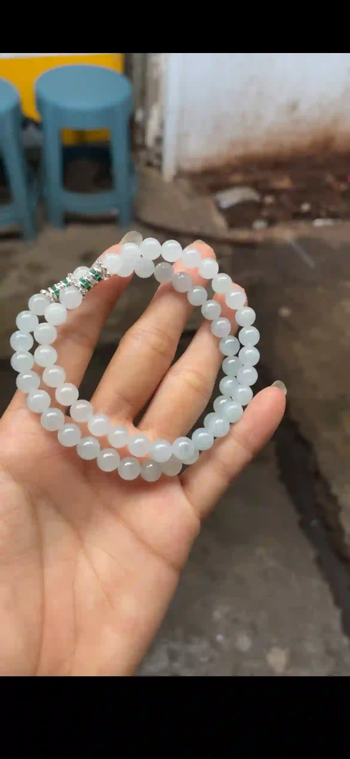 Pristine Pale Icy White Jade Bead Bracelet with Silver‑Tone Accent | Myanmar Jadeite reference #26010001