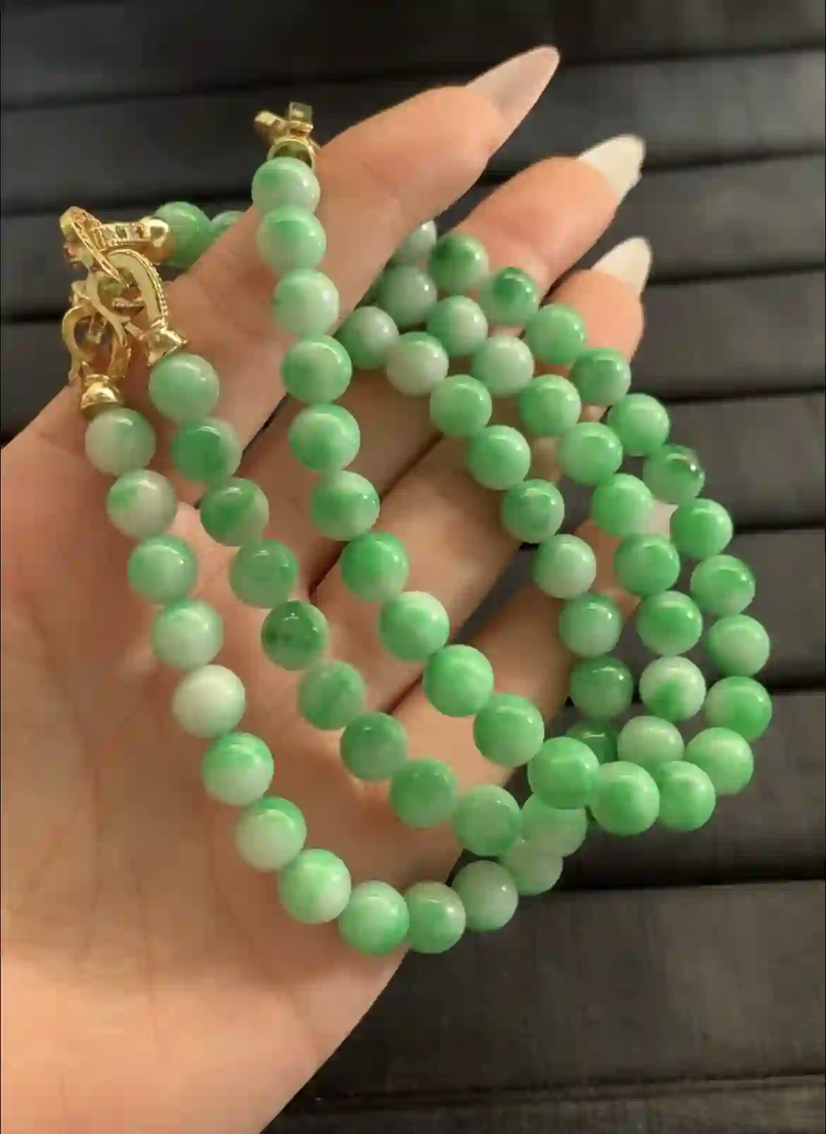 Green Jade Beaded Necklaces with Gold Clasps, view 2 | Myanmar Jadeite reference #1230001