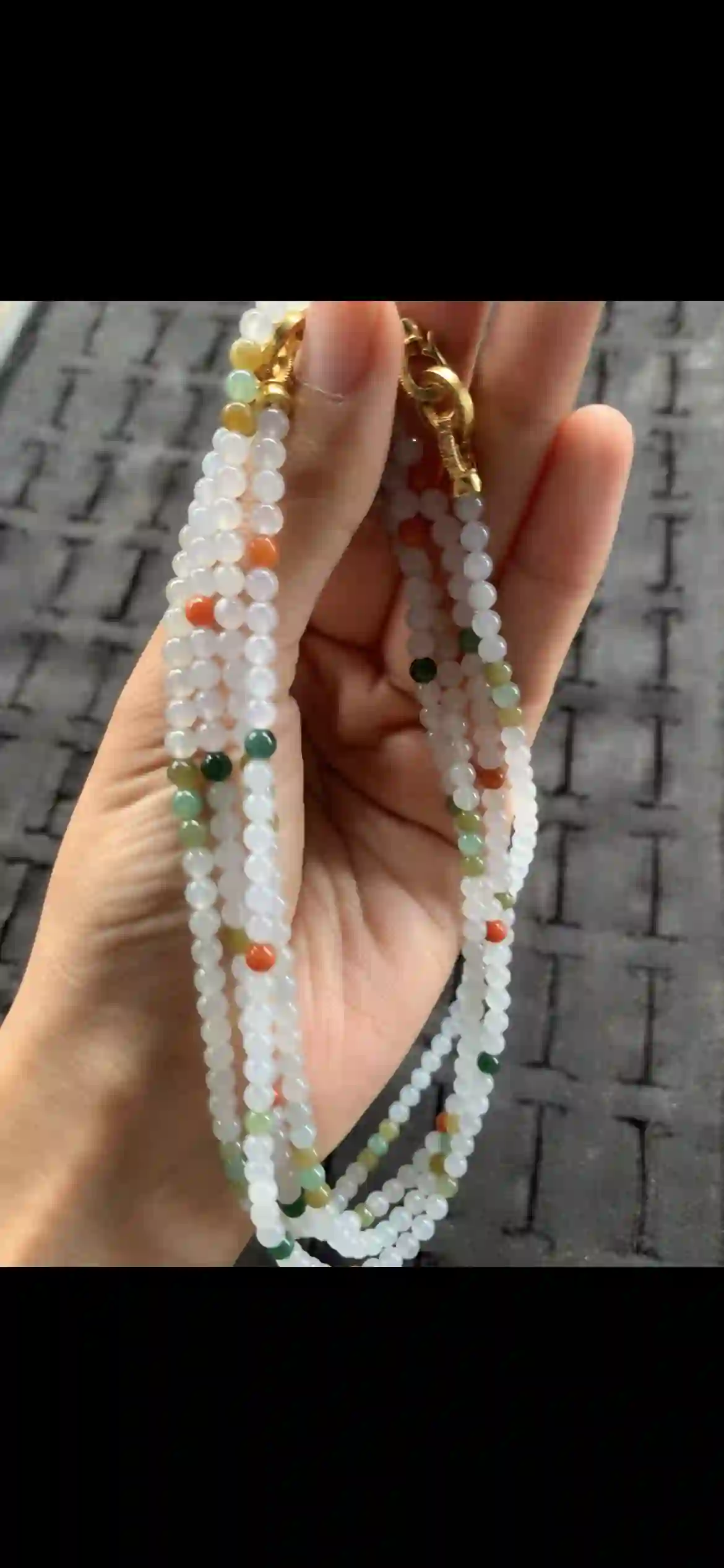 Multi-Color Jadeite Bead Long Necklace — Icy White, Green, Yellow & Orange-Red with Gold Clasps, view 2 | Myanmar Jadeite reference #20670001