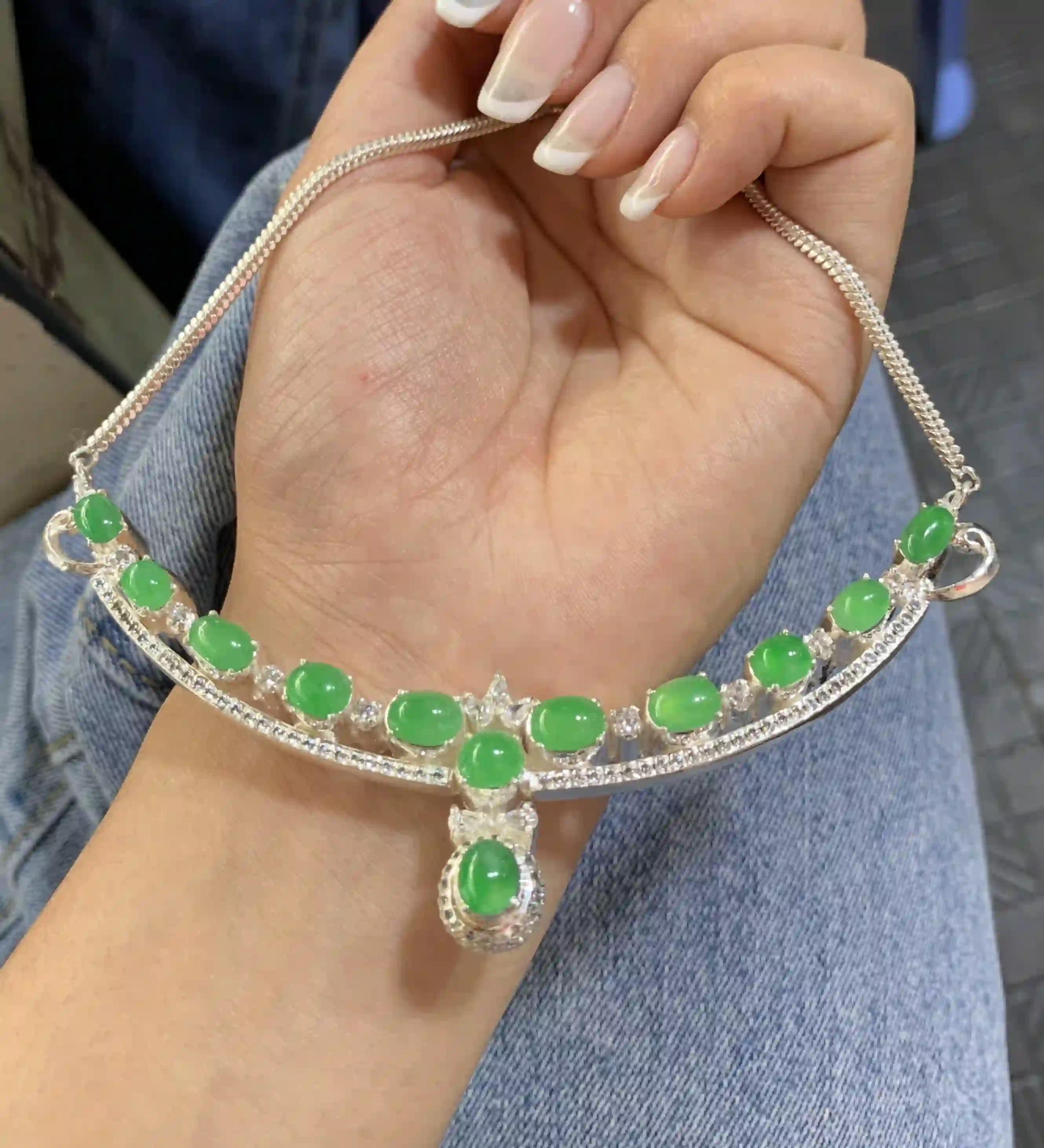Elegant Green Gemstone and Crystal Statement Necklace | Myanmar Jadeite reference #360004