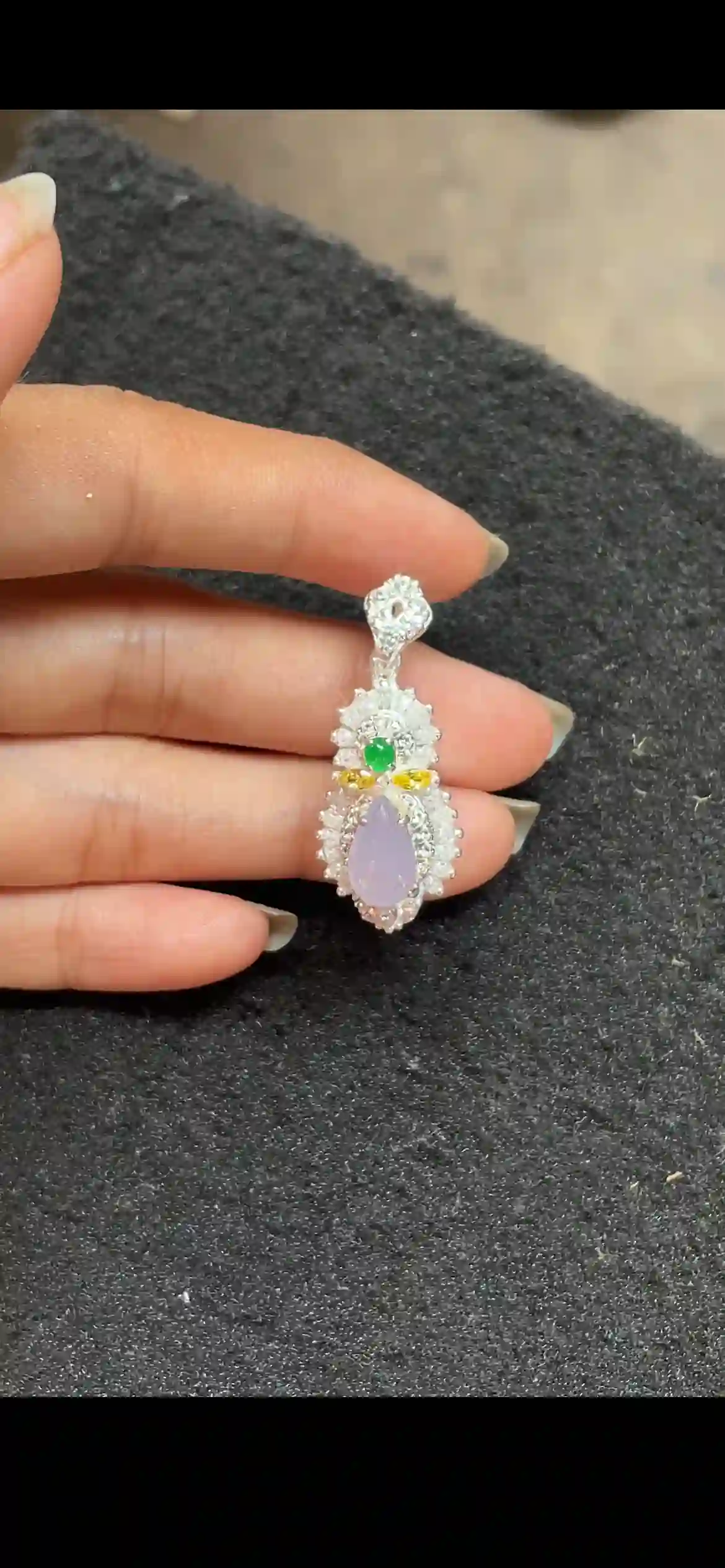  Lavender Jadeite Teardrop Pendant with Multicolor Accents and Diamond Halo, view 2 | Myanmar Jadeite reference #4230001