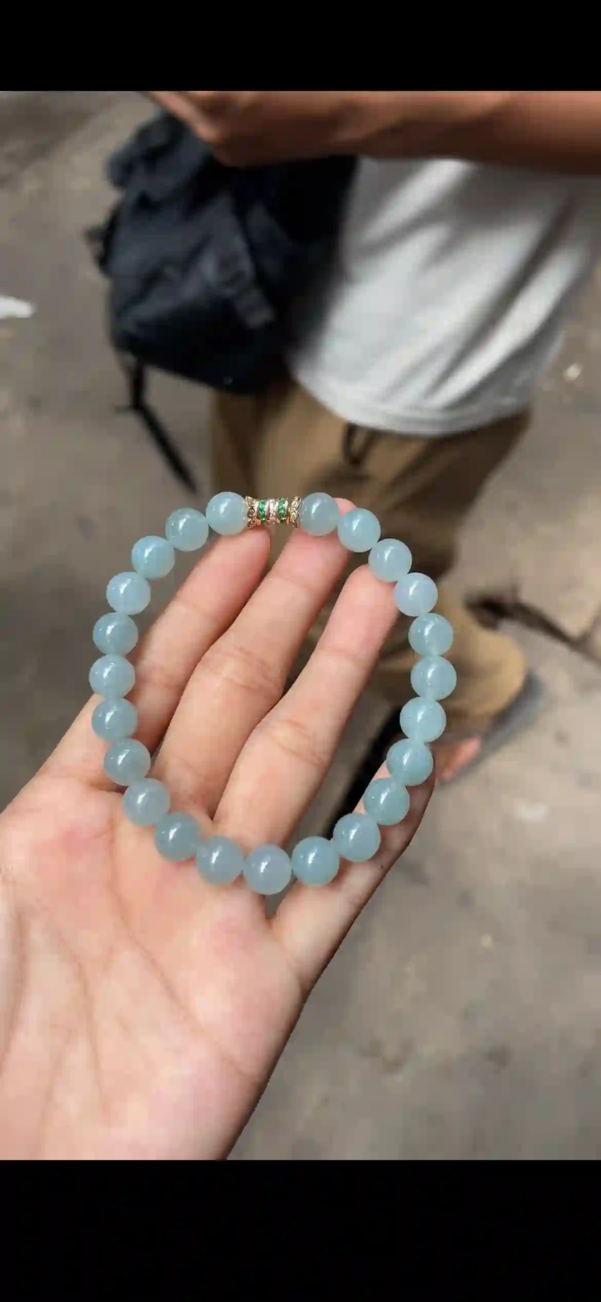 Premium Icy Pale Blue-Green Jade Bead Bracelet with Gemstone Accent | Myanmar Jadeite reference #17970001