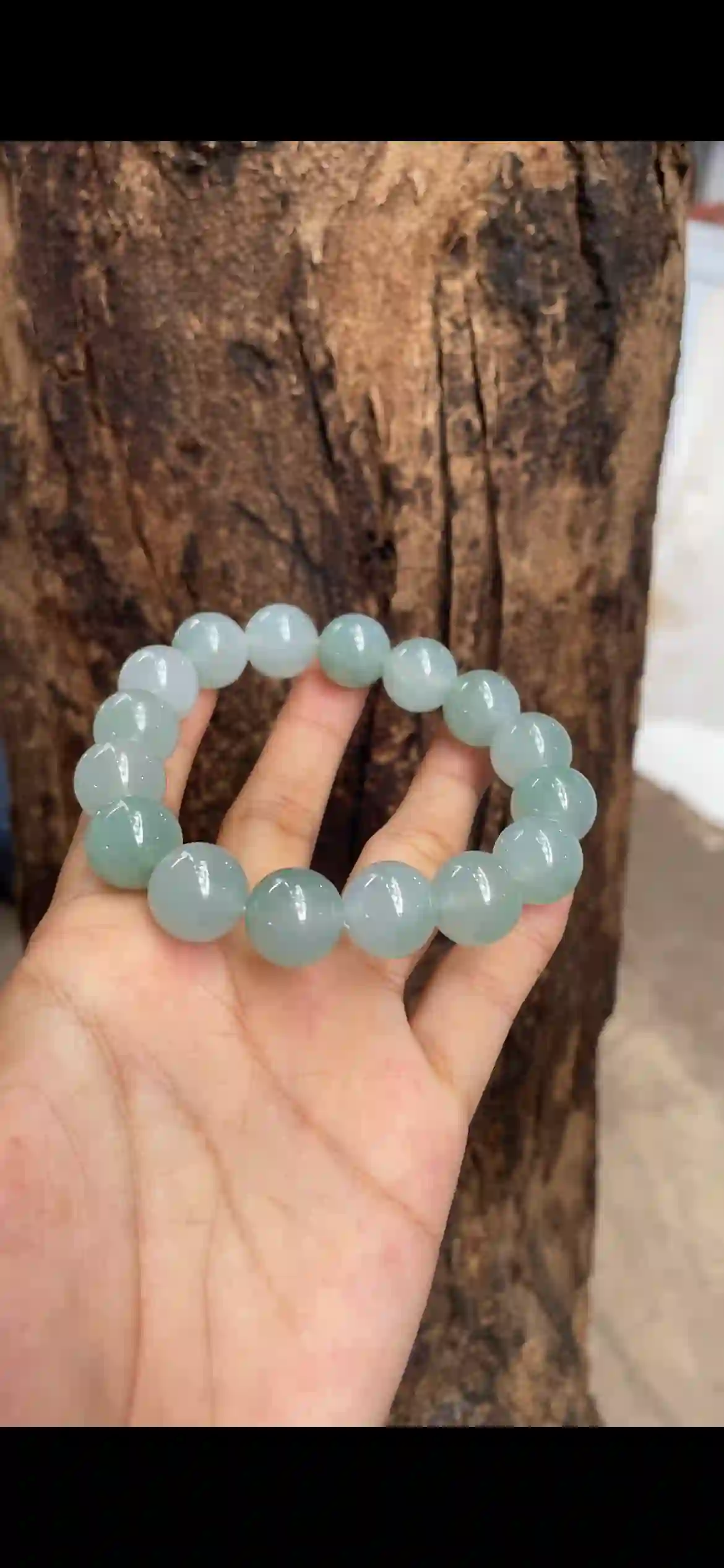   Icy Translucent Pale Blue-Green Jade Bead Bracelet – Large Smooth Round Gemstone Beads, view 2 | Myanmar Jadeite reference #5370001