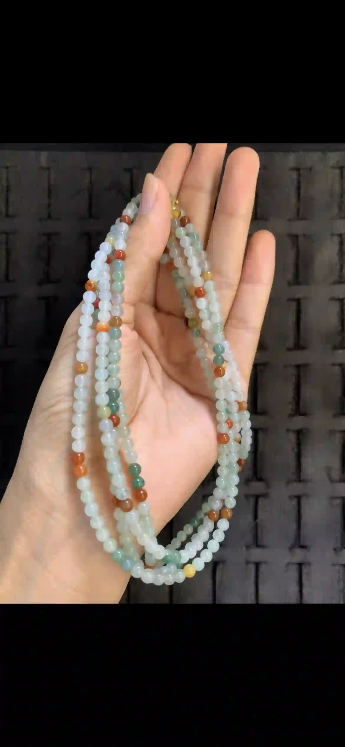 Multicolor Tri-Color Jade Bead Multi-Strand Necklace — White, Green & Red-Orange | Myanmar Jadeite reference #19950001