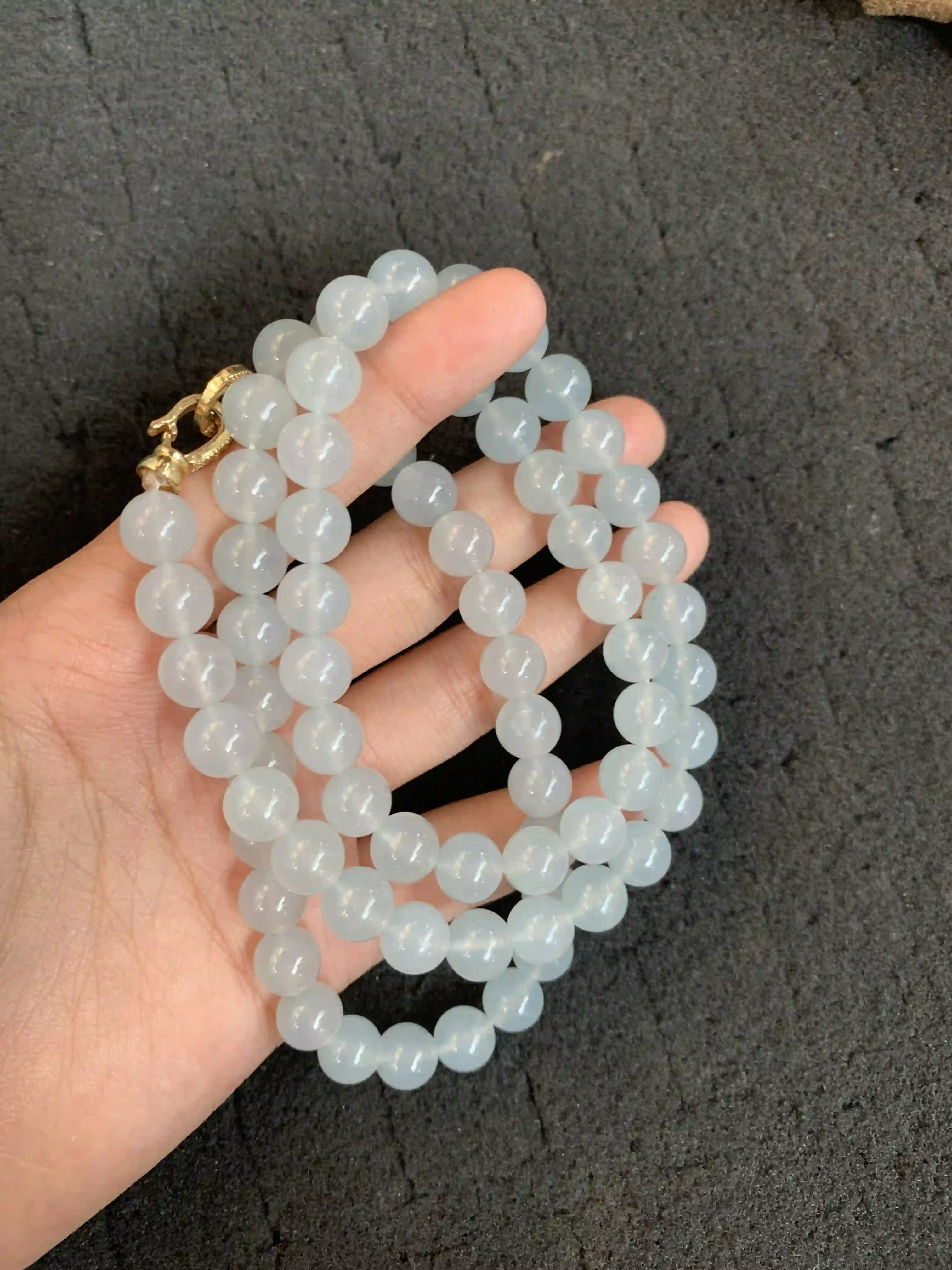  Light Blue-Gray Translucent Multi-strand Beaded Bracelet with Gold Accent, view 2 | Myanmar Jadeite reference #1650003