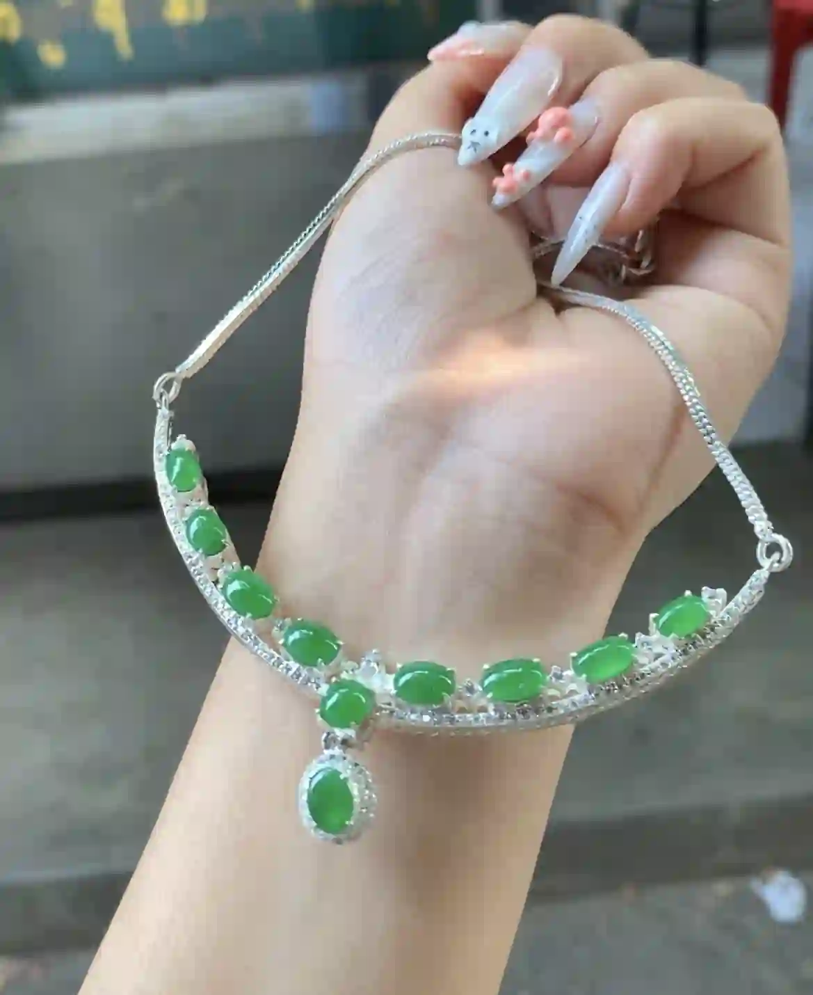 Vivid Green Jadeite Pendant Necklace with Silver Chain, view 2 | Myanmar Jadeite reference #960002