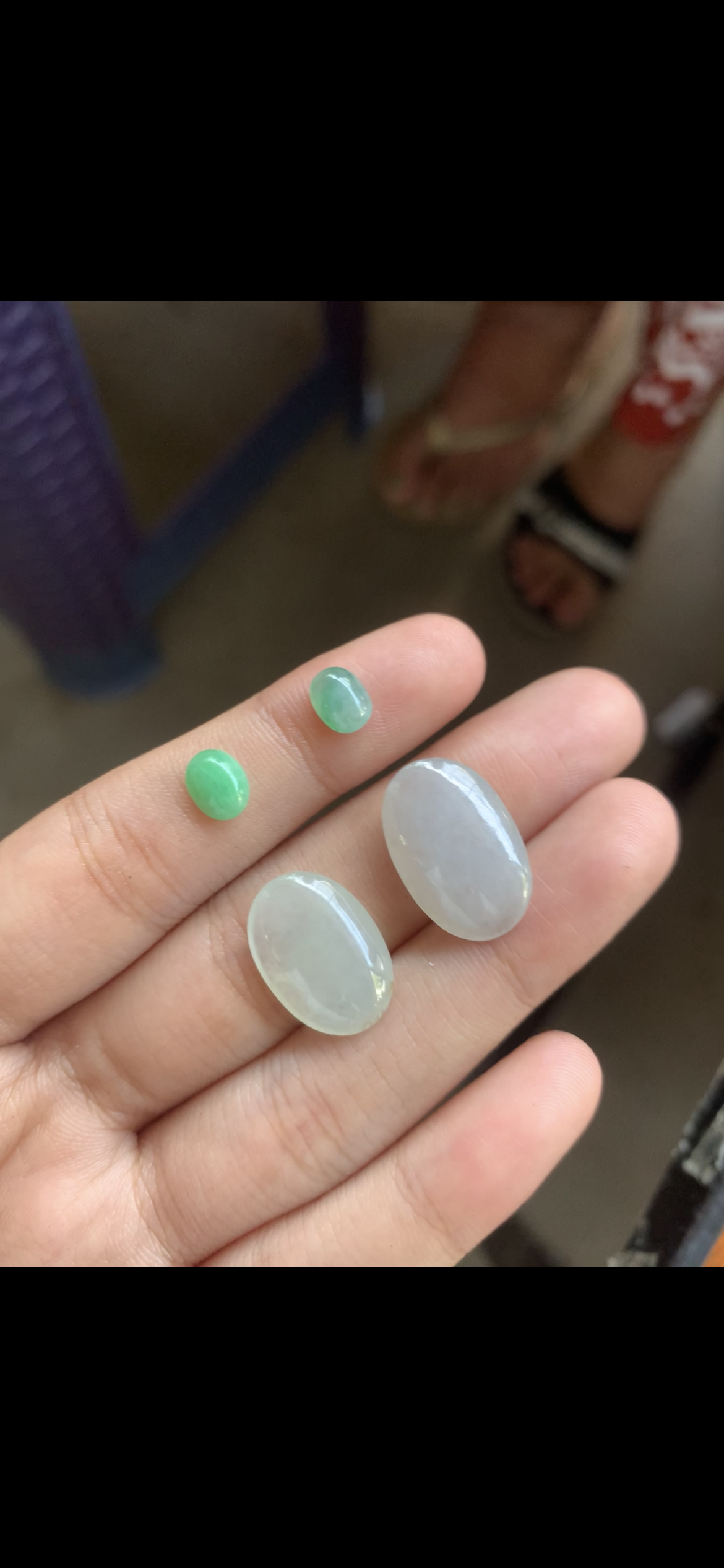Four Oval Cabochon Jade Gemstones — Bright Green & Pale Icy White Loose Jade Stones