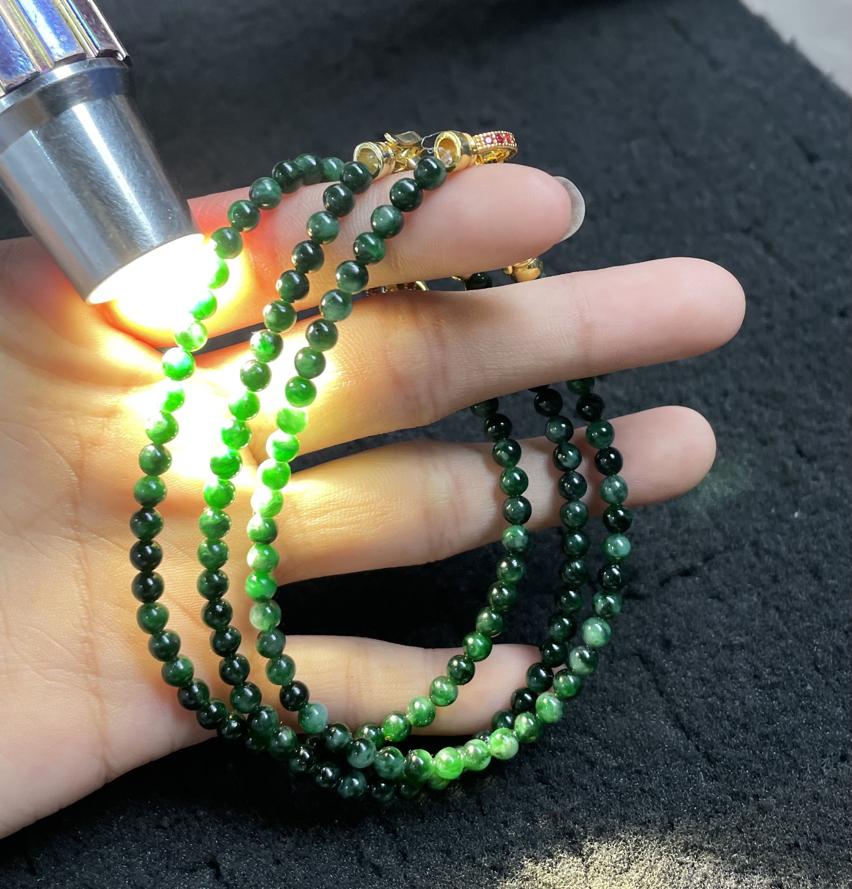 Deep Green Jadeite Beaded Multi-strand Necklace with Gold Accents