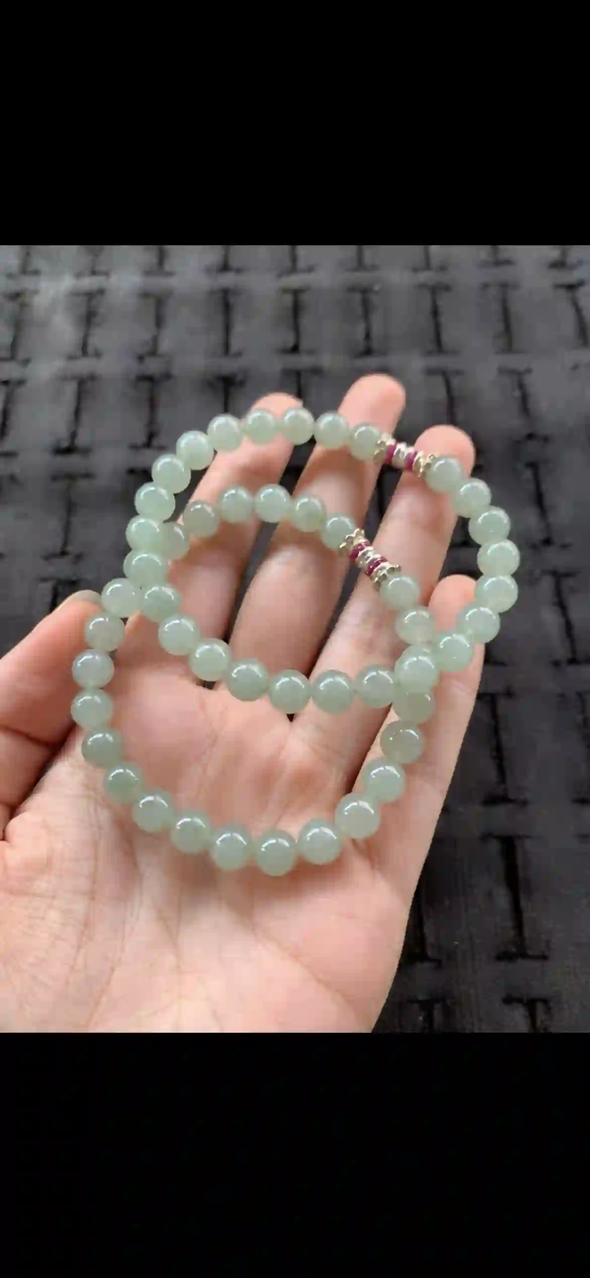 Pair of Uniform Soft Pale Green Jade Beaded Bracelets with Pink Gem Accents, view 2 | Myanmar Jadeite reference #23370001
