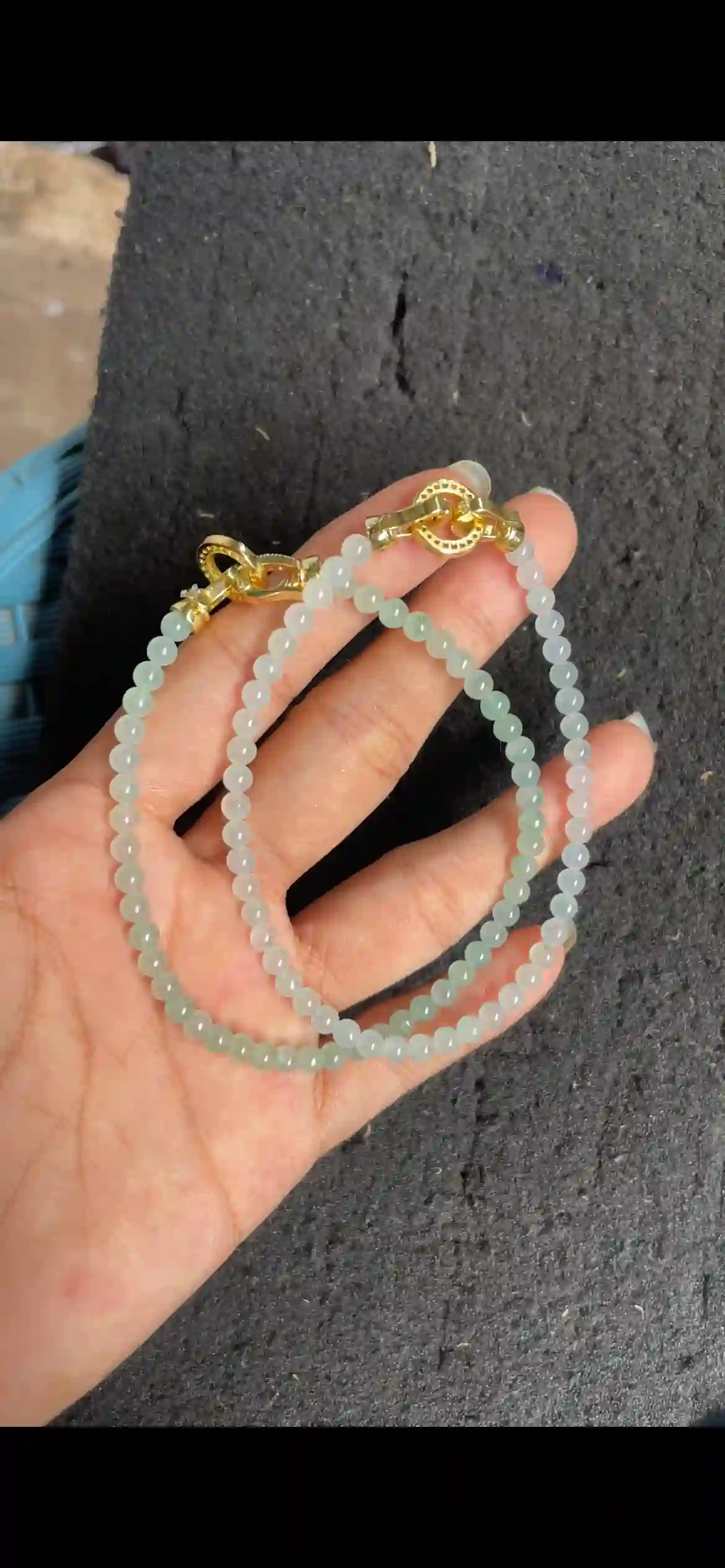   Icy Gradient Pale Green Jadeite Beaded Bracelet with Gold Clasp, view 2 | Myanmar Jadeite reference #4380001