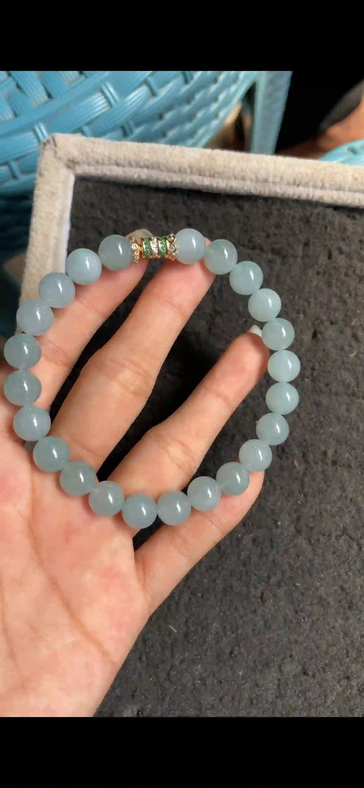   Icy Sky Blue Jade Bead Bracelet with Decorative Spacer | Myanmar Jadeite reference #5850001